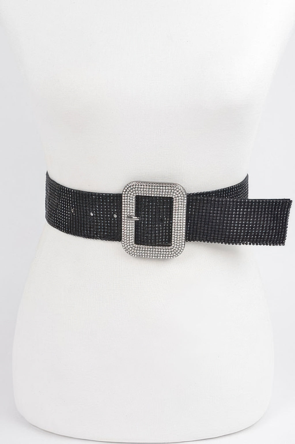 Black rhinestone belt with square buckle and silver-tone crystal frame