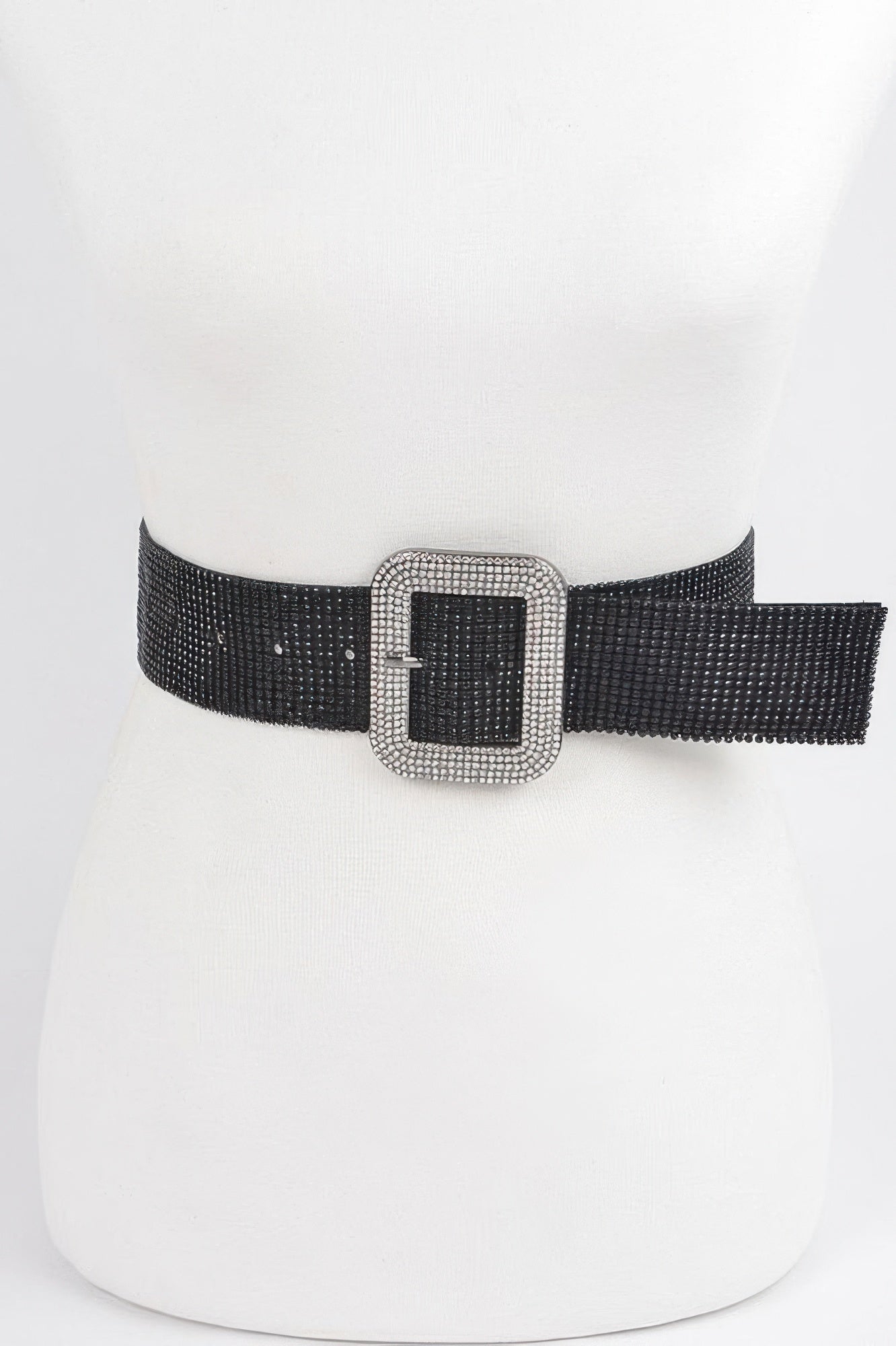 Black rhinestone belt with square buckle and silver-tone crystal frame