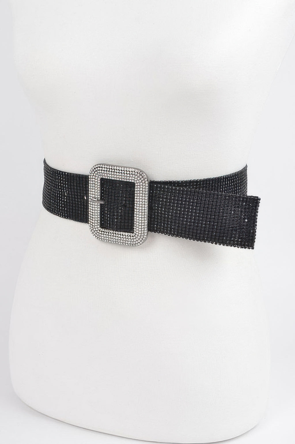Black rhinestone belt, square buckle with silver crystal border and long tail