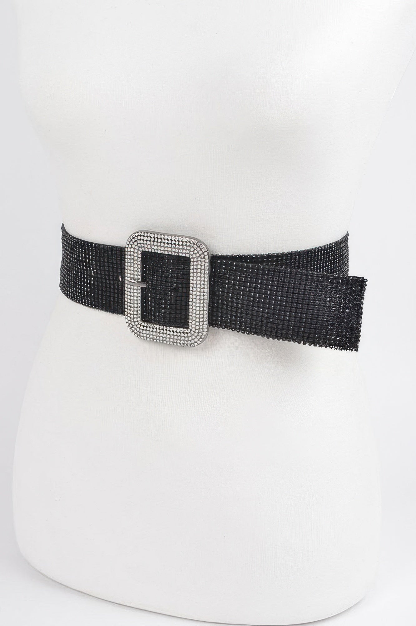 Black rhinestone belt, square buckle with silver crystal border and long tail