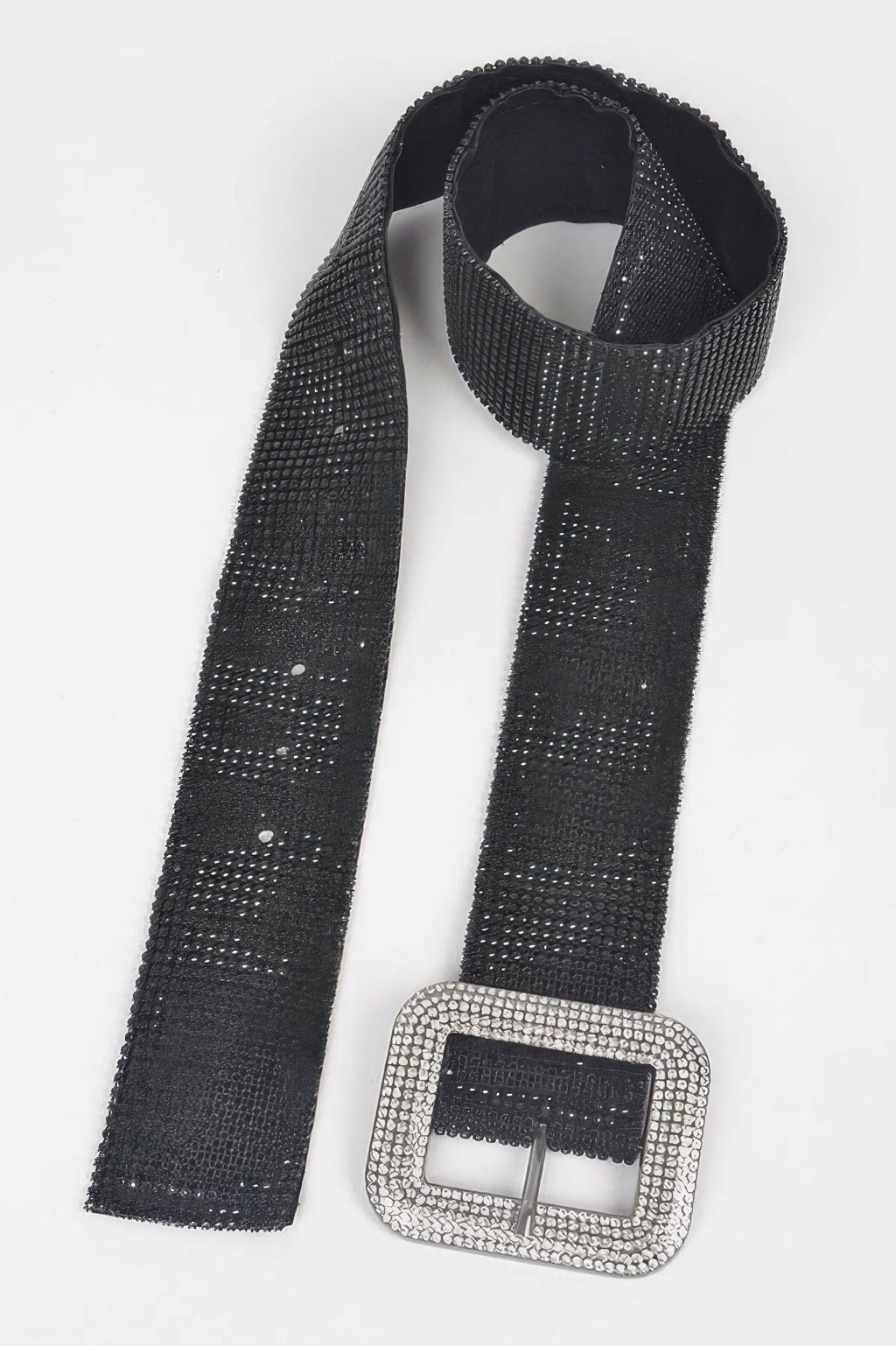 Black rhinestone belt with rectangular silver crystal buckle, dangling strap ends