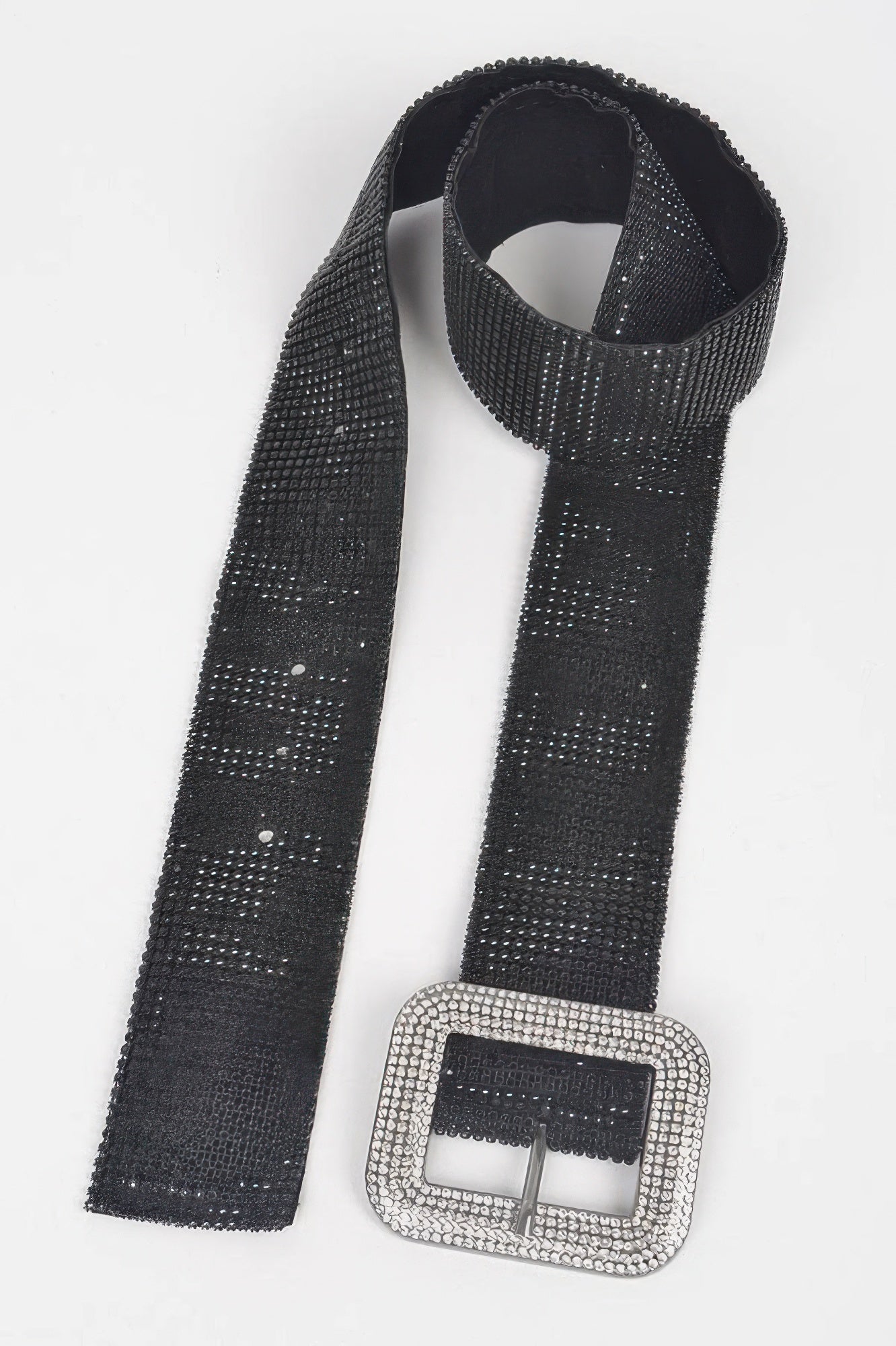 Black rhinestone belt with rectangular silver crystal buckle, dangling strap ends