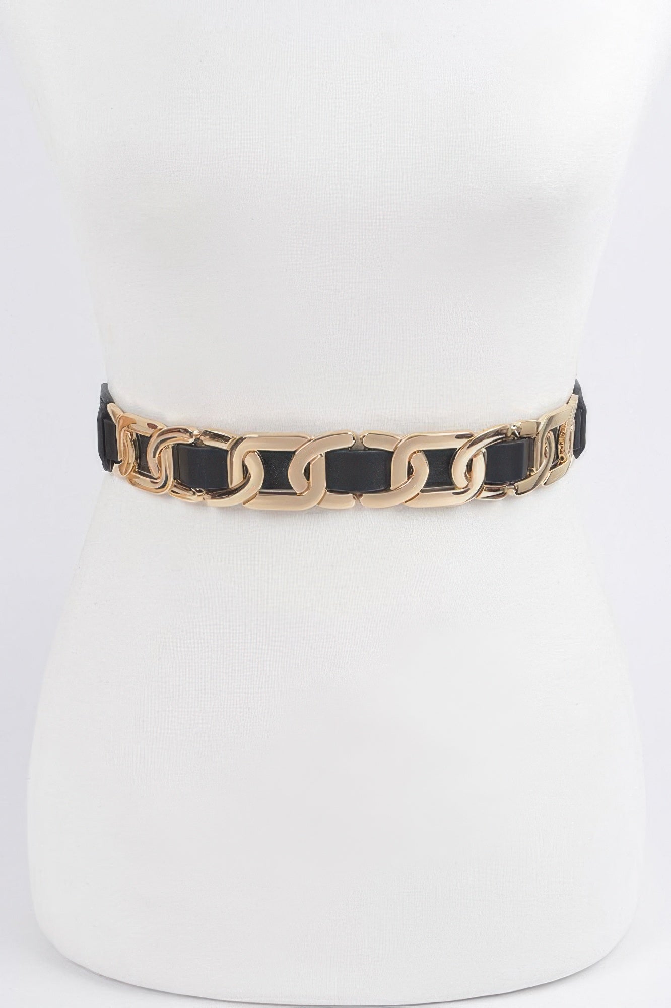 Multi Metal Stretch Belt in Black & Gold, interlocking link chain front