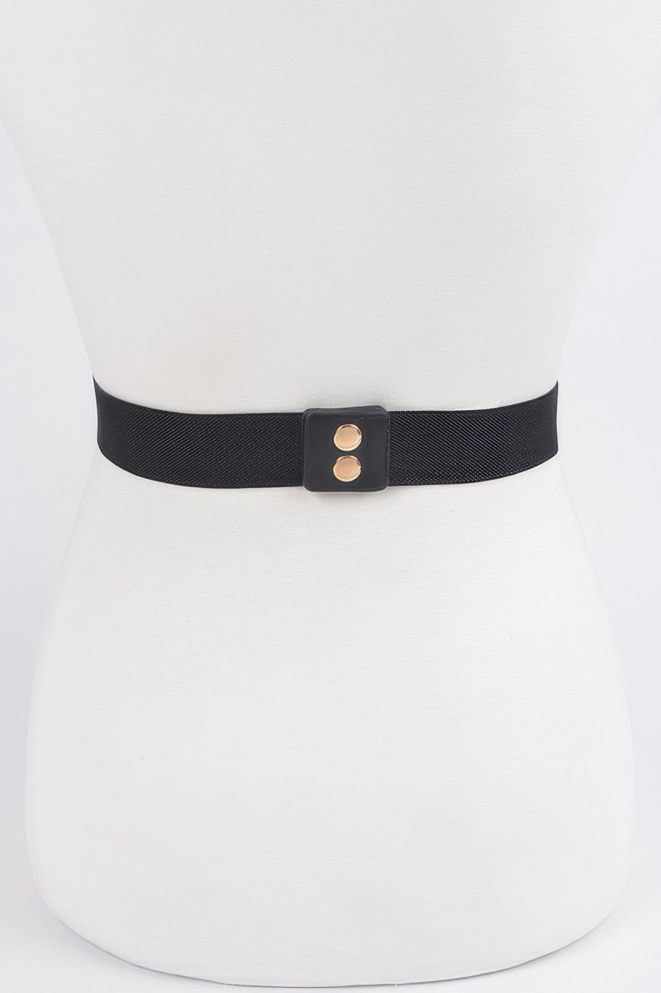 Black stretch belt with central square metal connector, one size