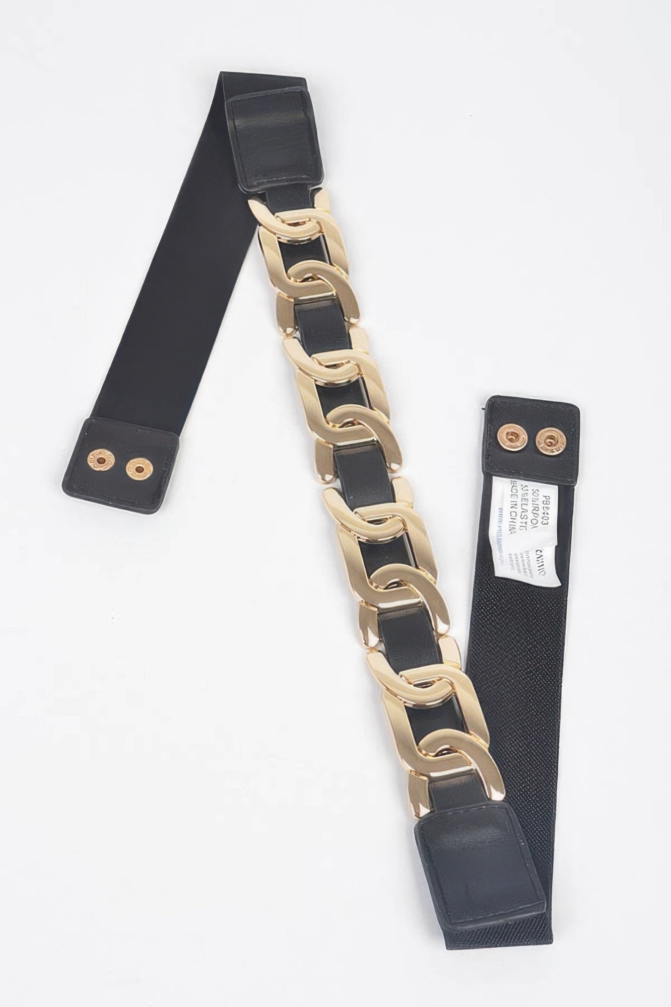 Black strap belt with gold chain section and metal clasp ends