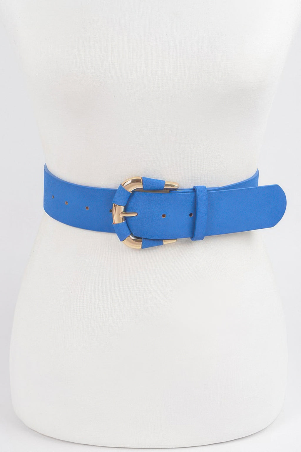 Micro Suede Belt in cobalt blue with gold-tone buckle on a white torso