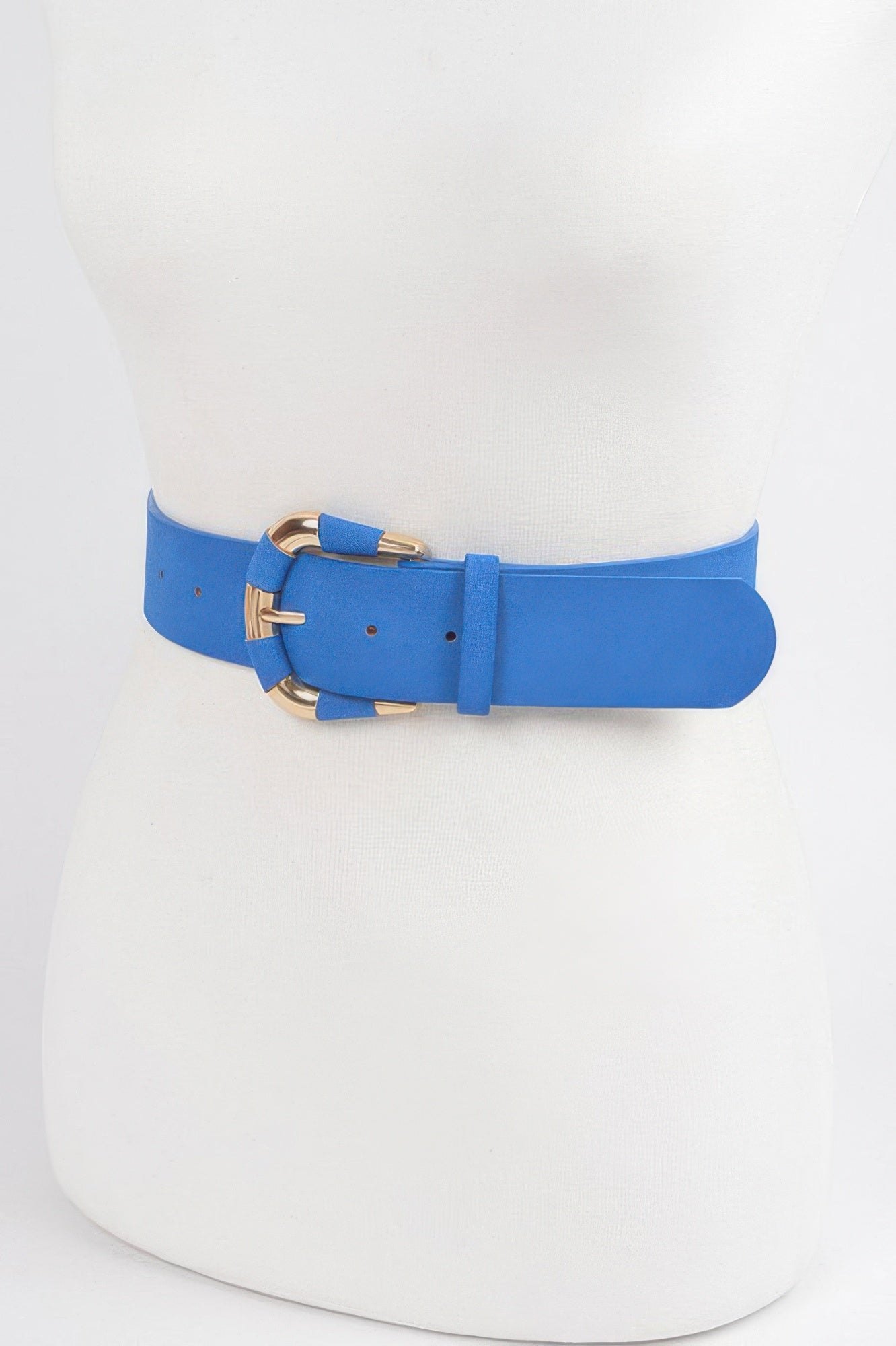 Micro suede belt in cobalt blue, showing buckle and adjustment holes
