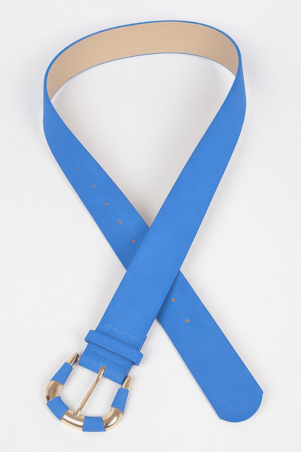 Cobalt blue micro suede belt with gold-tone buckle and punched holes