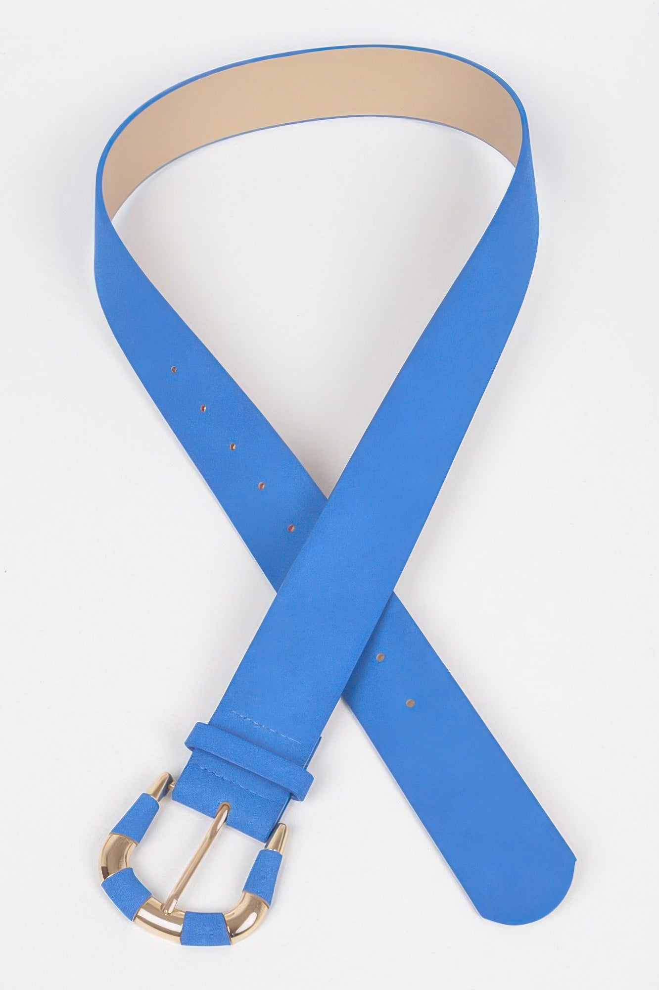 Cobalt blue micro suede belt with gold-tone buckle and punched holes