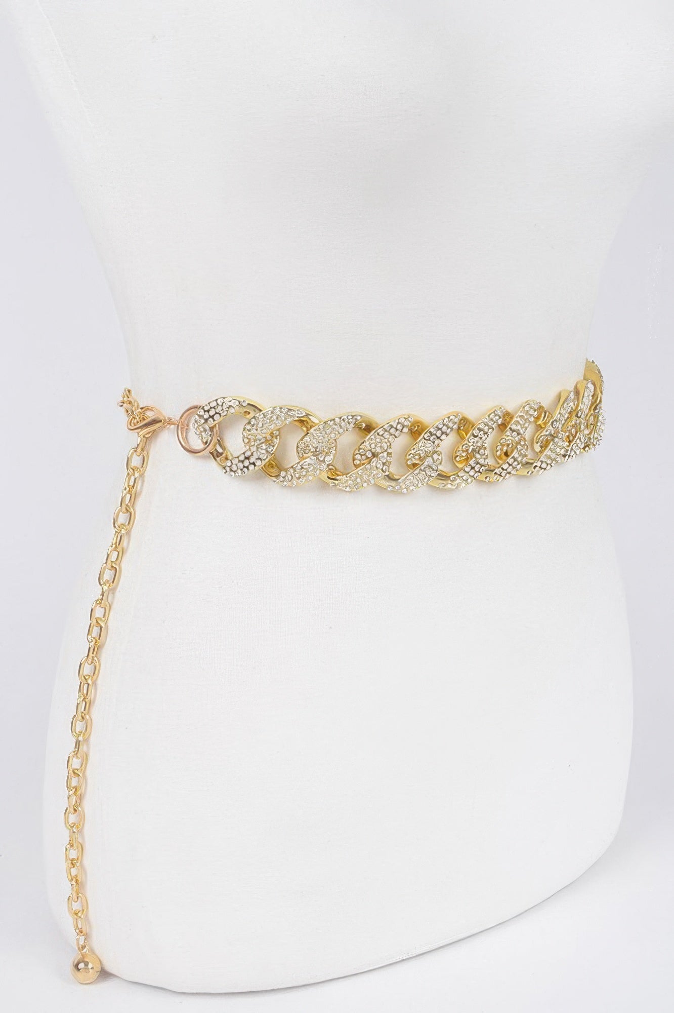 Oversized rhinestone chain belt, gold tone with oval pave links and fringe ends