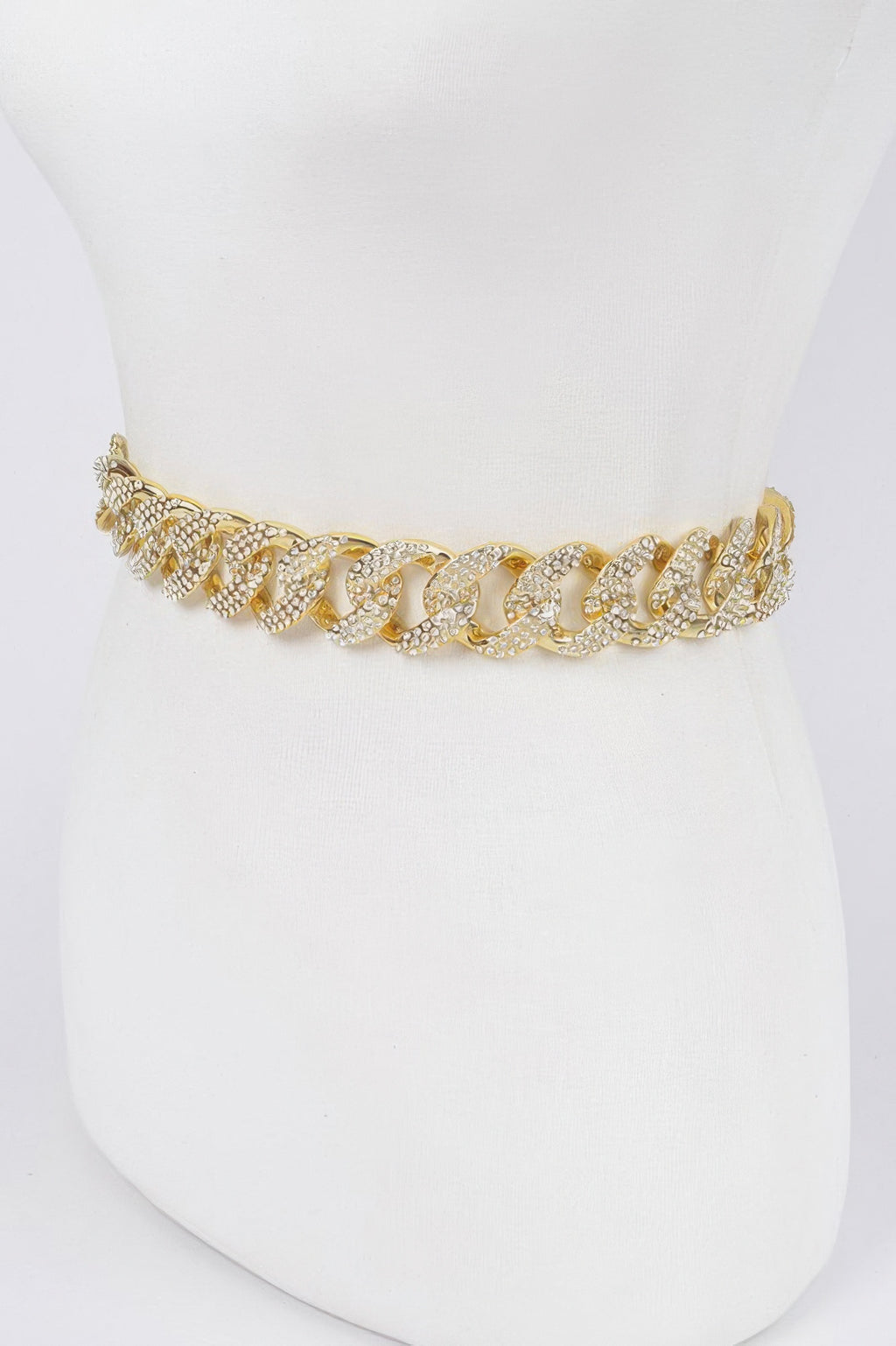 Rhinestone oversized chain belt, gold tone with textured filigree and oval stones