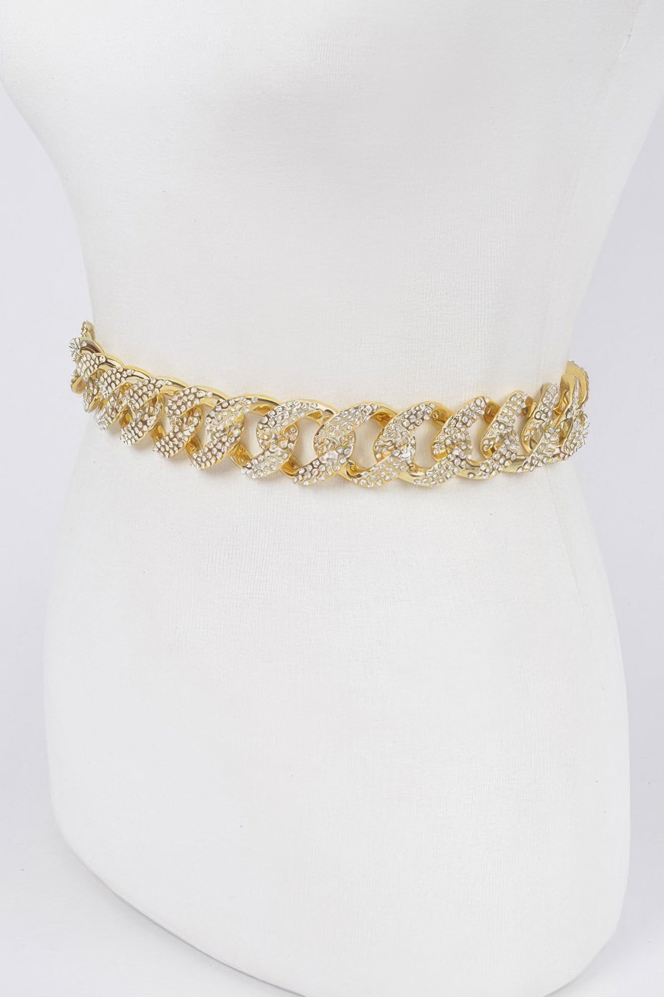 Rhinestone oversized chain belt, gold tone with textured filigree and oval stones