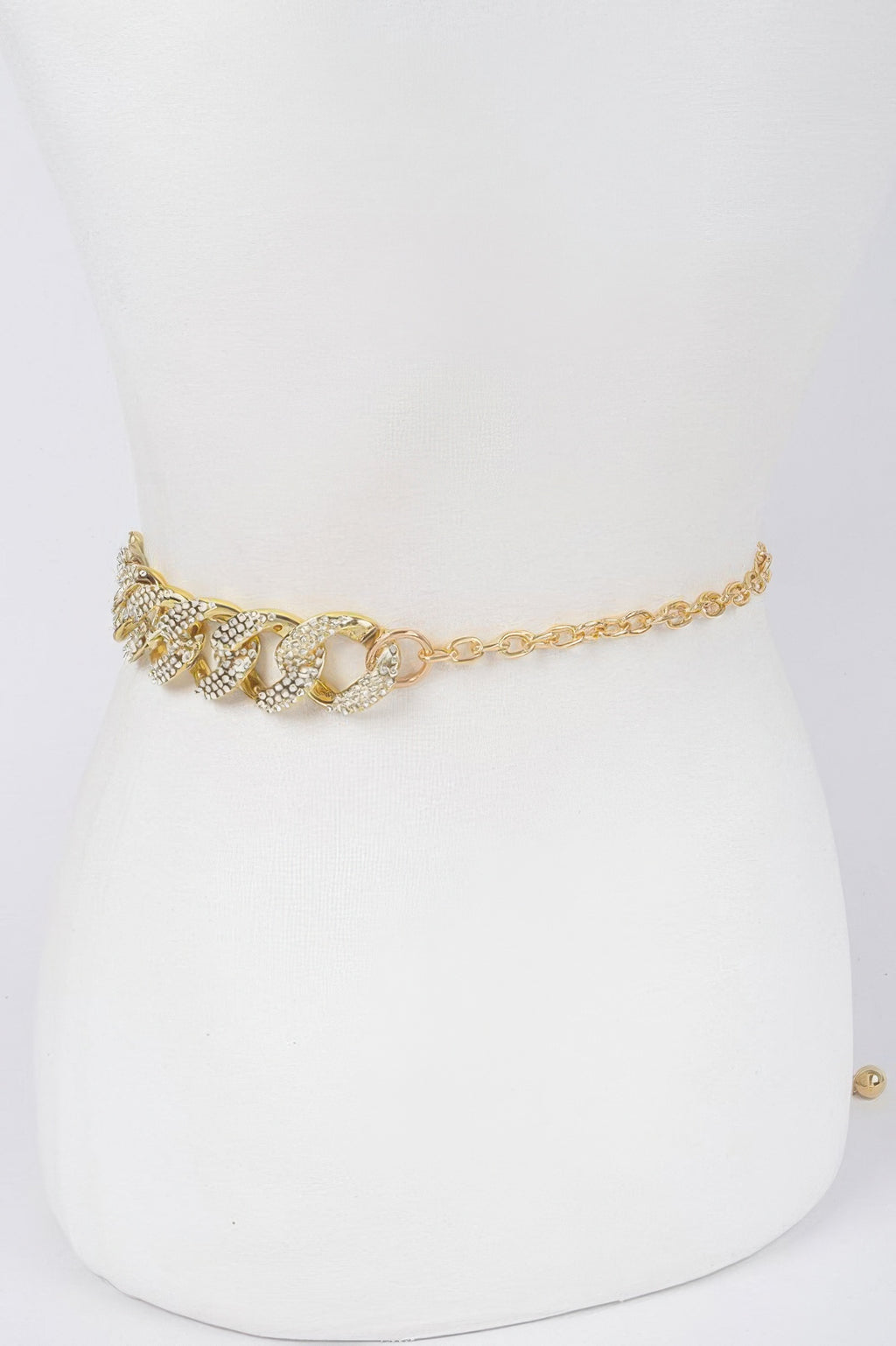 Rhinestone chain belt, gold tone with small link chain tail and oval crystal stations