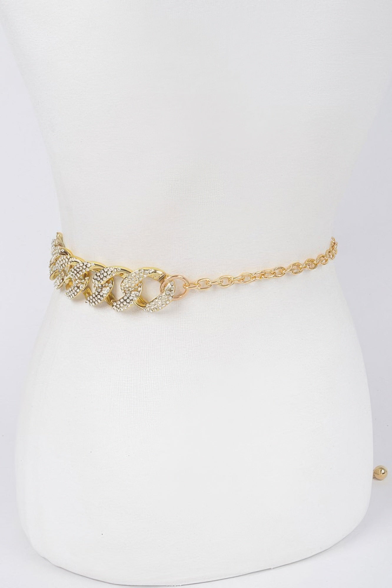 Rhinestone chain belt, gold tone with small link chain tail and oval crystal stations