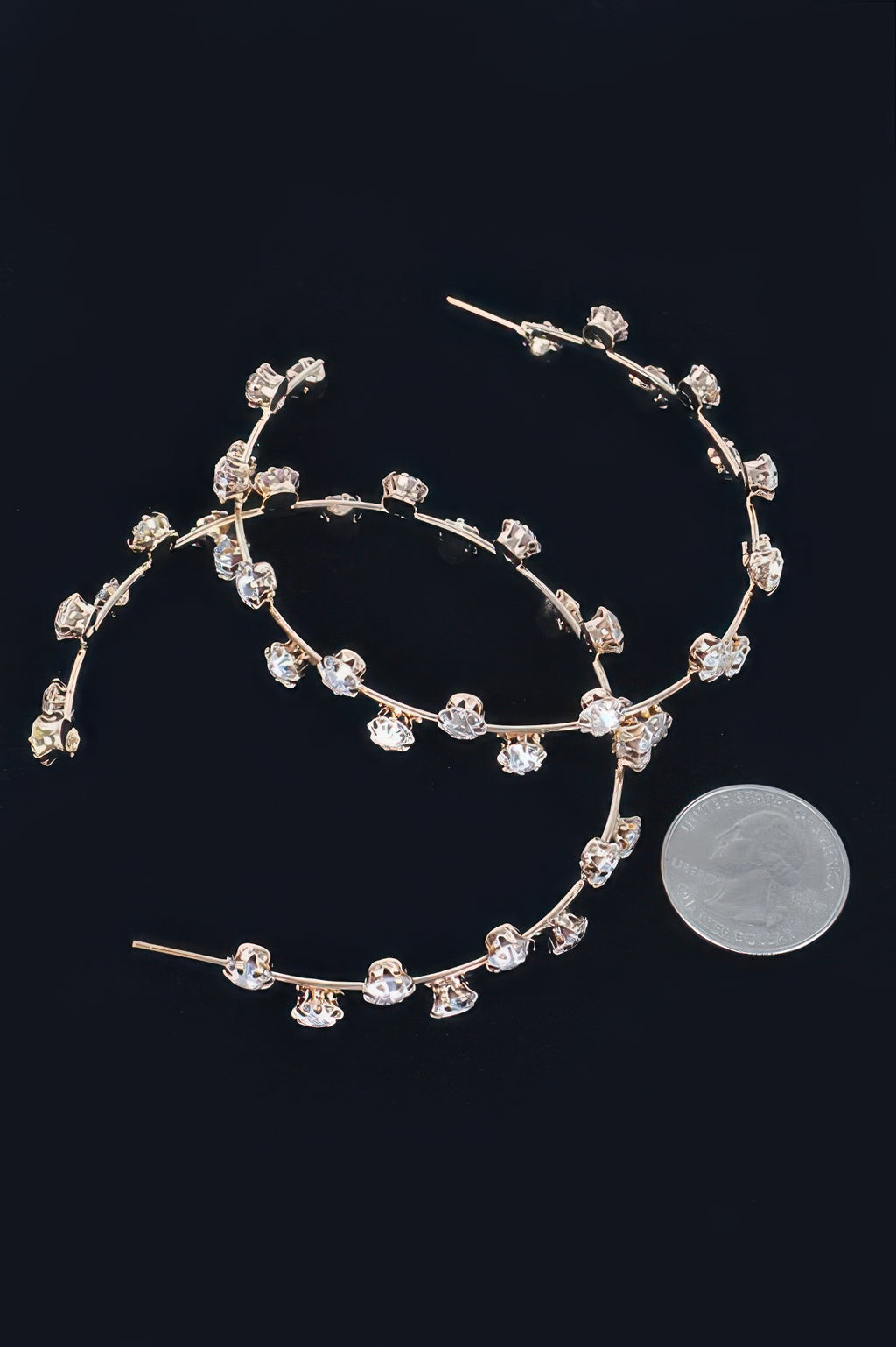 Rhinestone Hoop Earrings with clear stones on silver-tone hoops; size shown