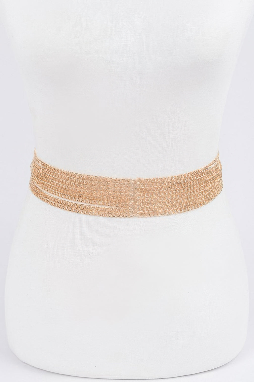 Gold multi-chain belt on waist, wide textured link band