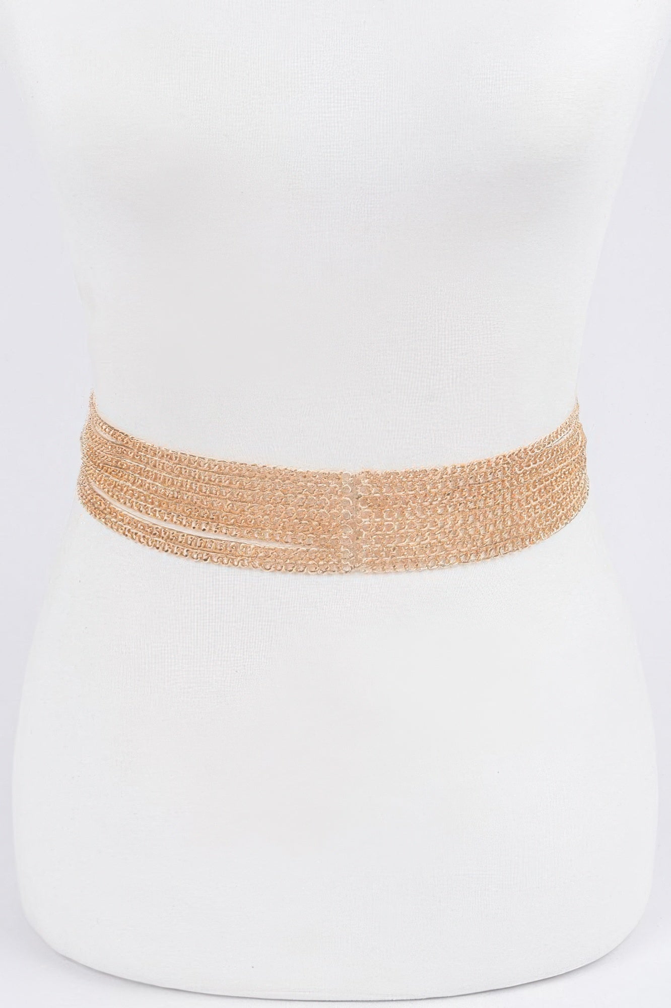 Gold multi-chain belt on waist, wide textured link band