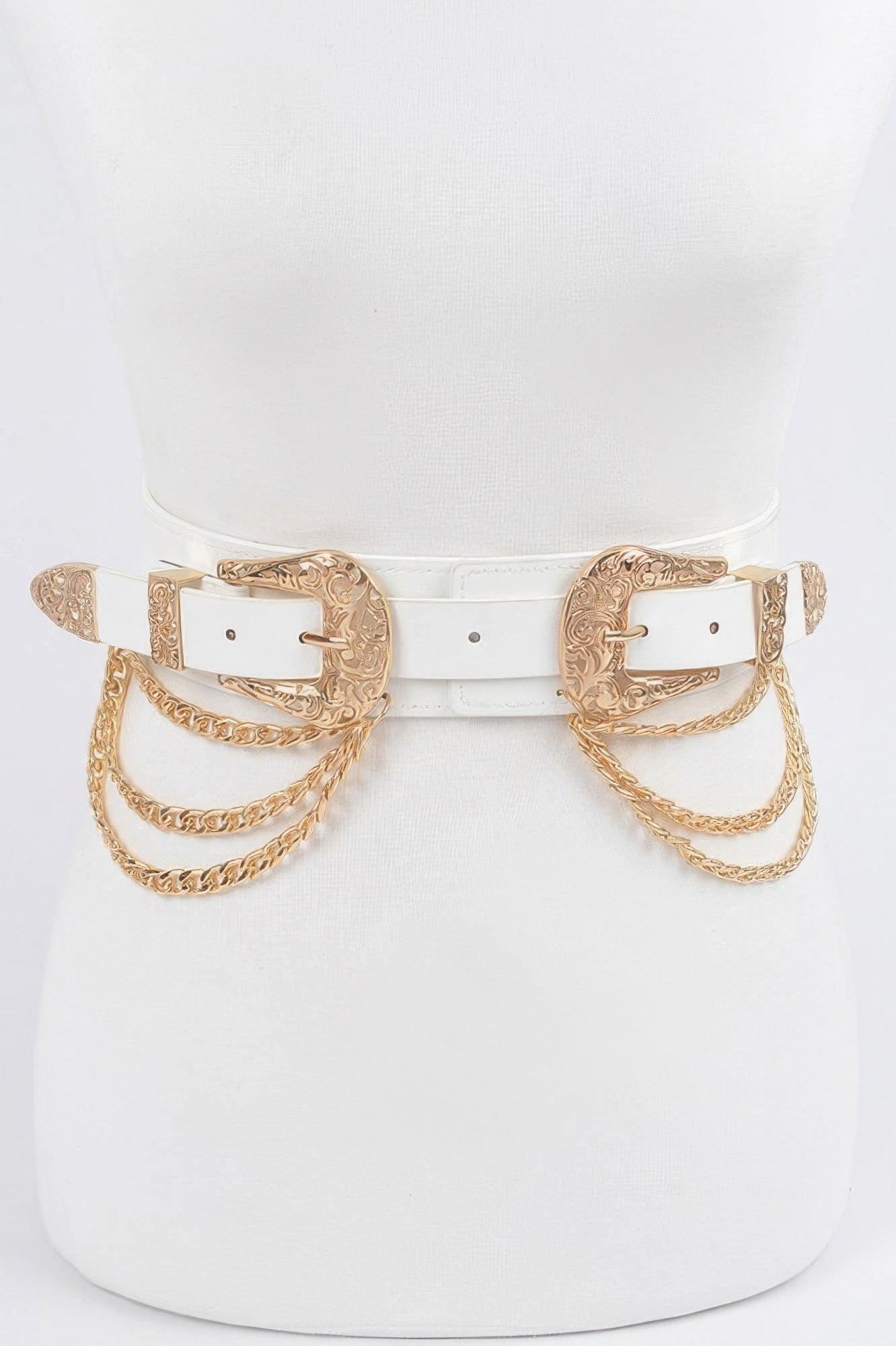 White Gold layered chain stretch belt, ornate gold buckle and hanging chains