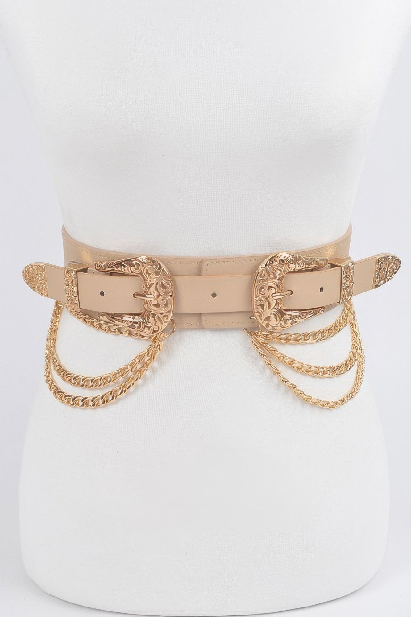 Beige Gold layered chain stretch belt with ornate buckle plates and gold chains