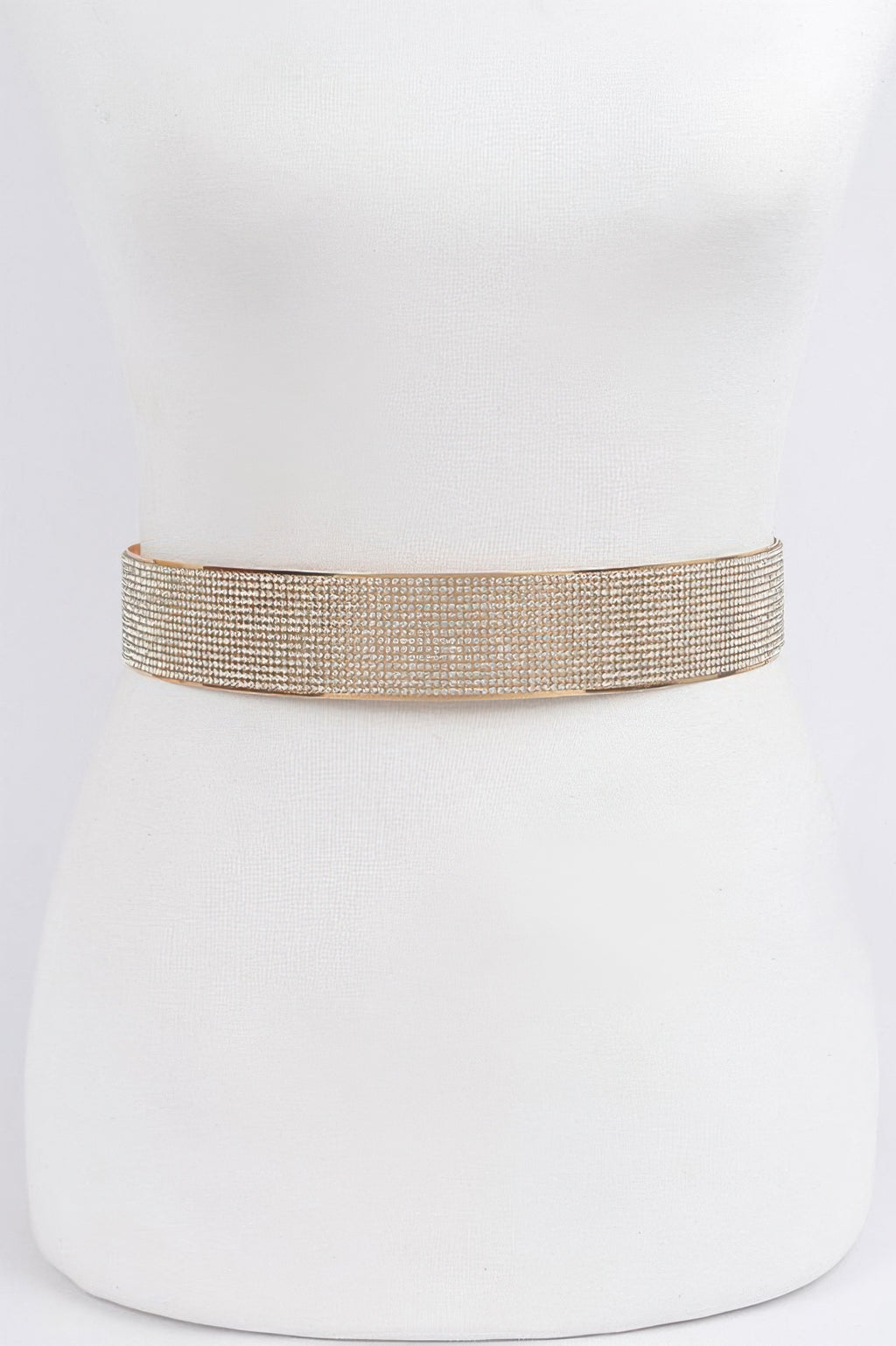 Gold rhinestone metal waist belt with wide mesh band on white mannequin