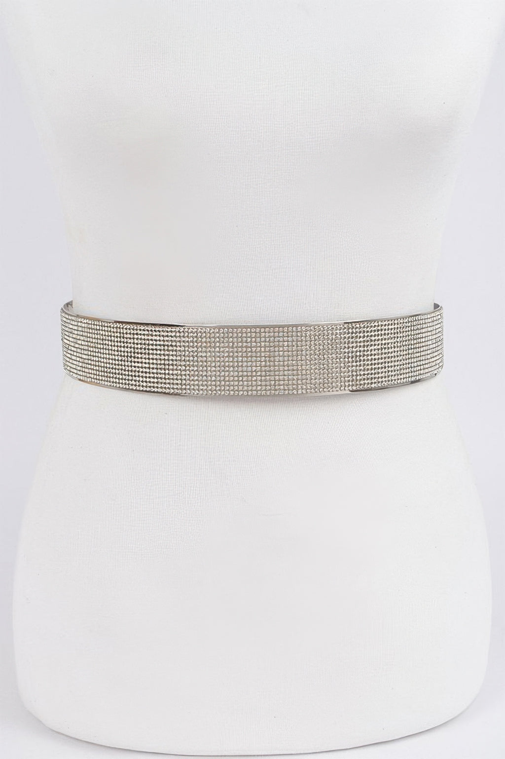 Gold rhinestone metal waist belt, straight wide band on white mannequin