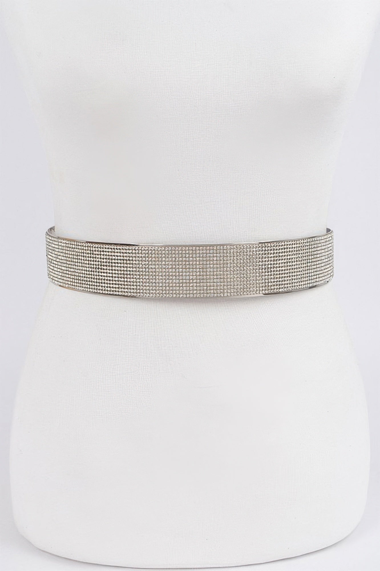Gold rhinestone metal waist belt, straight wide band on white mannequin