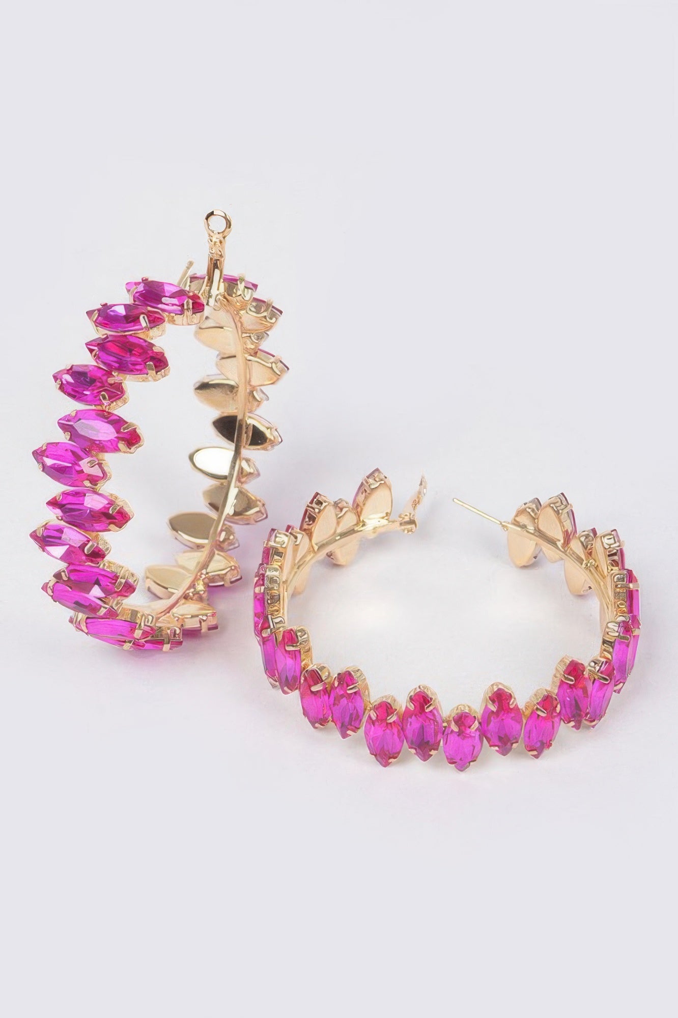 Rhinestone hoop earrings 2.5" in fuchsia with gold-tone setting
