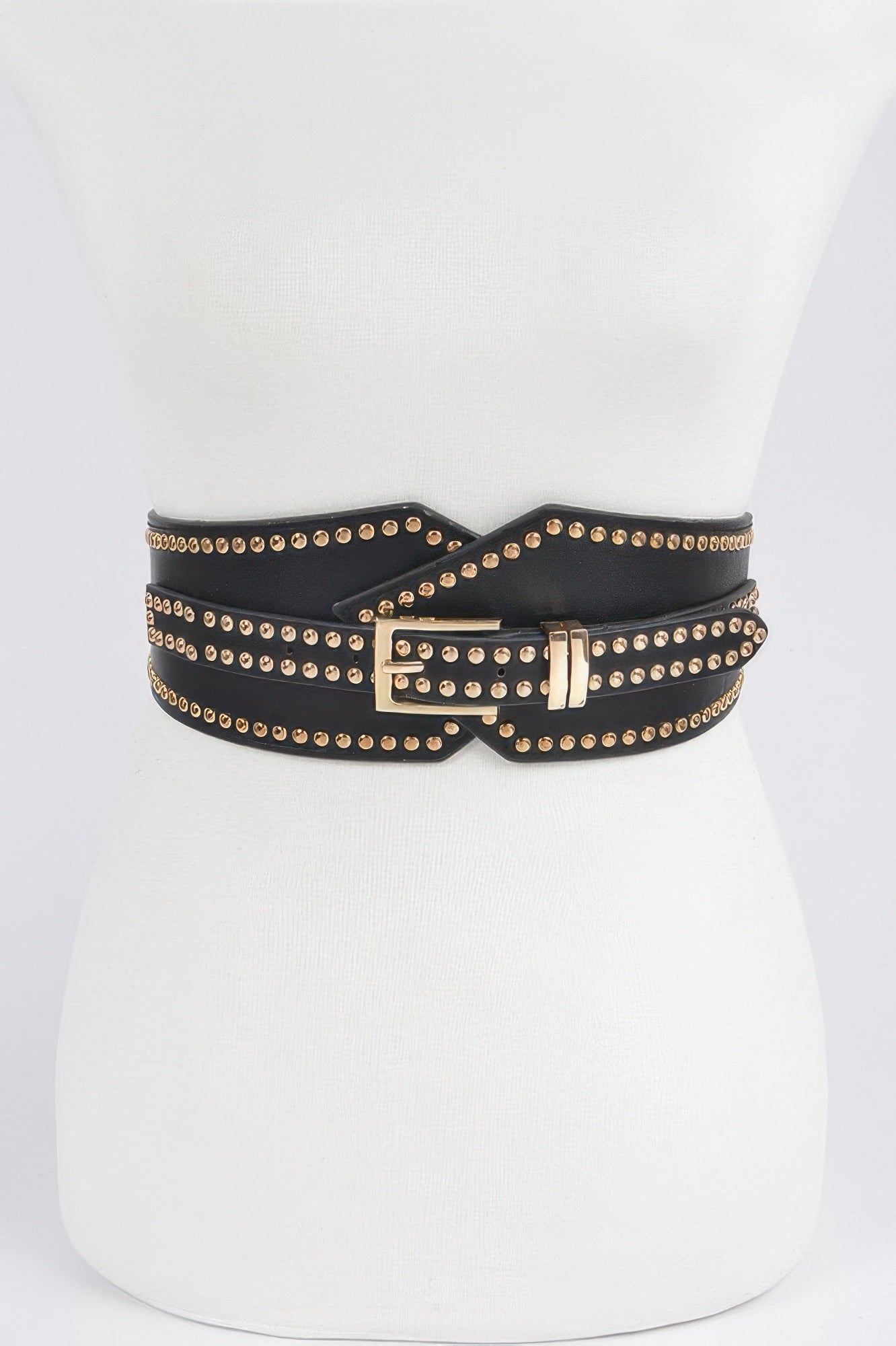 Studded wide stretch belt in black with gold-tone studs and silver buckle