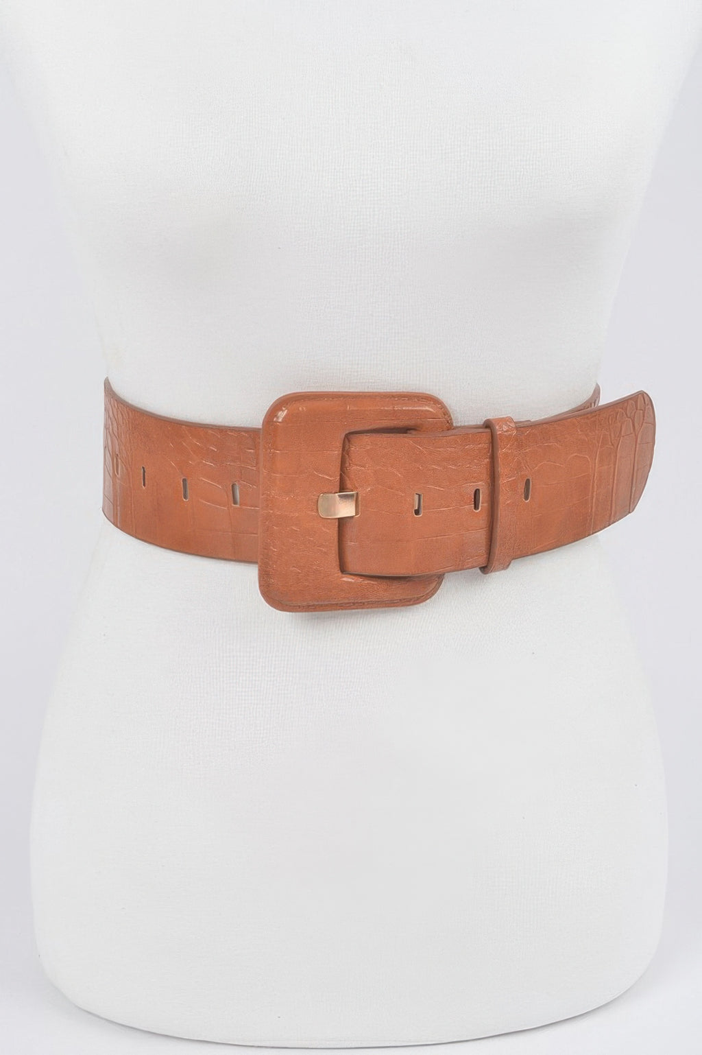 Faux croc waist belt in camel tan with square buckle and adjustment holes