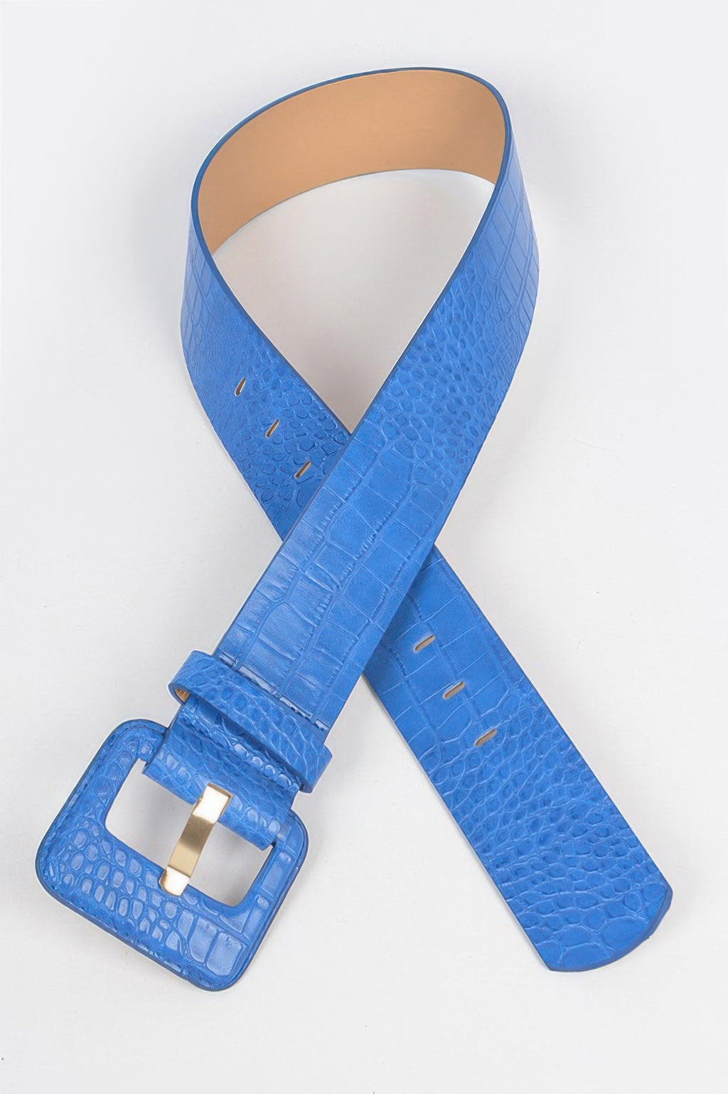 Faux croc waist belt in cobalt blue with square metal buckle and holes