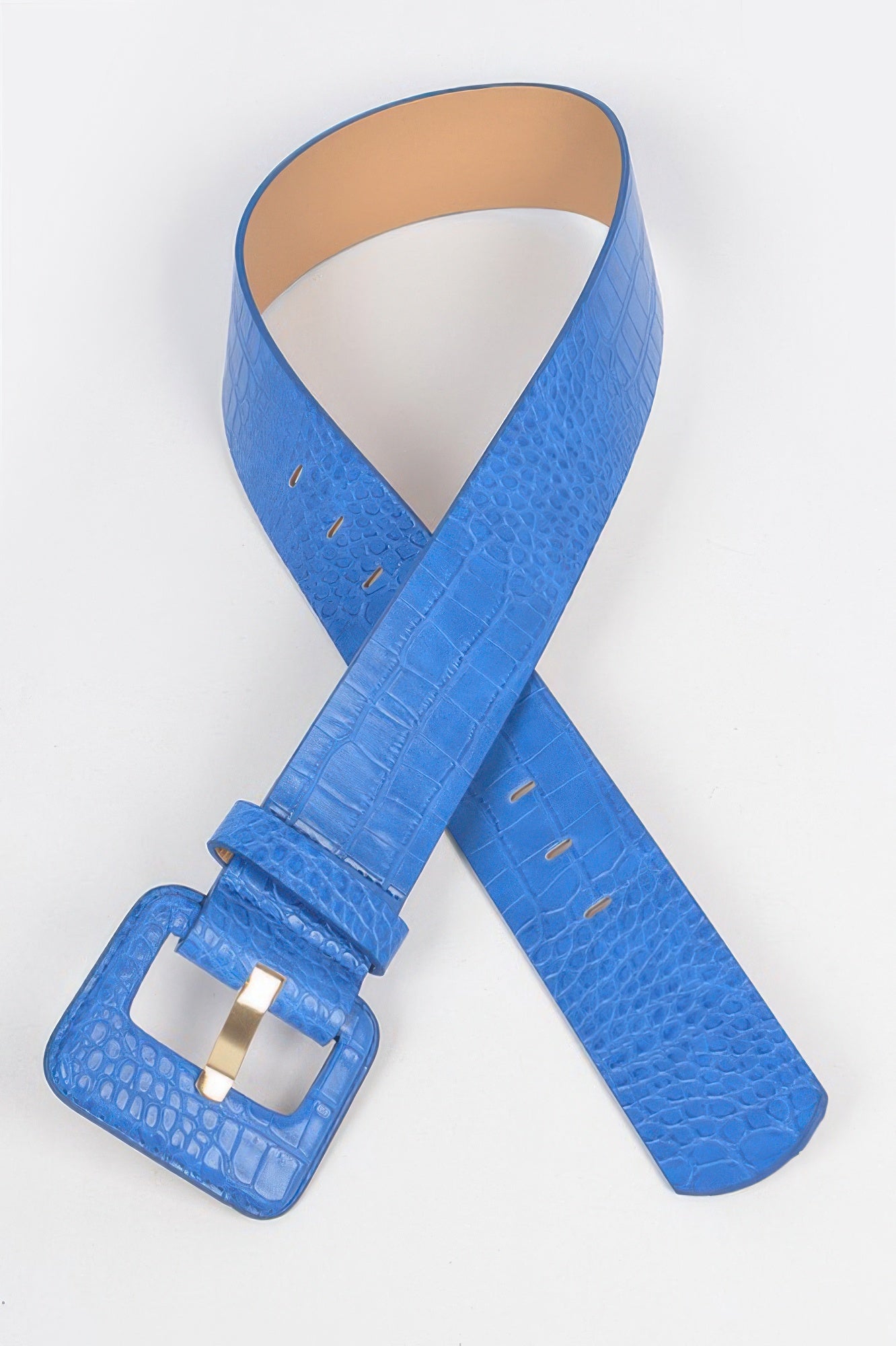 Faux croc waist belt in cobalt blue with square metal buckle and holes