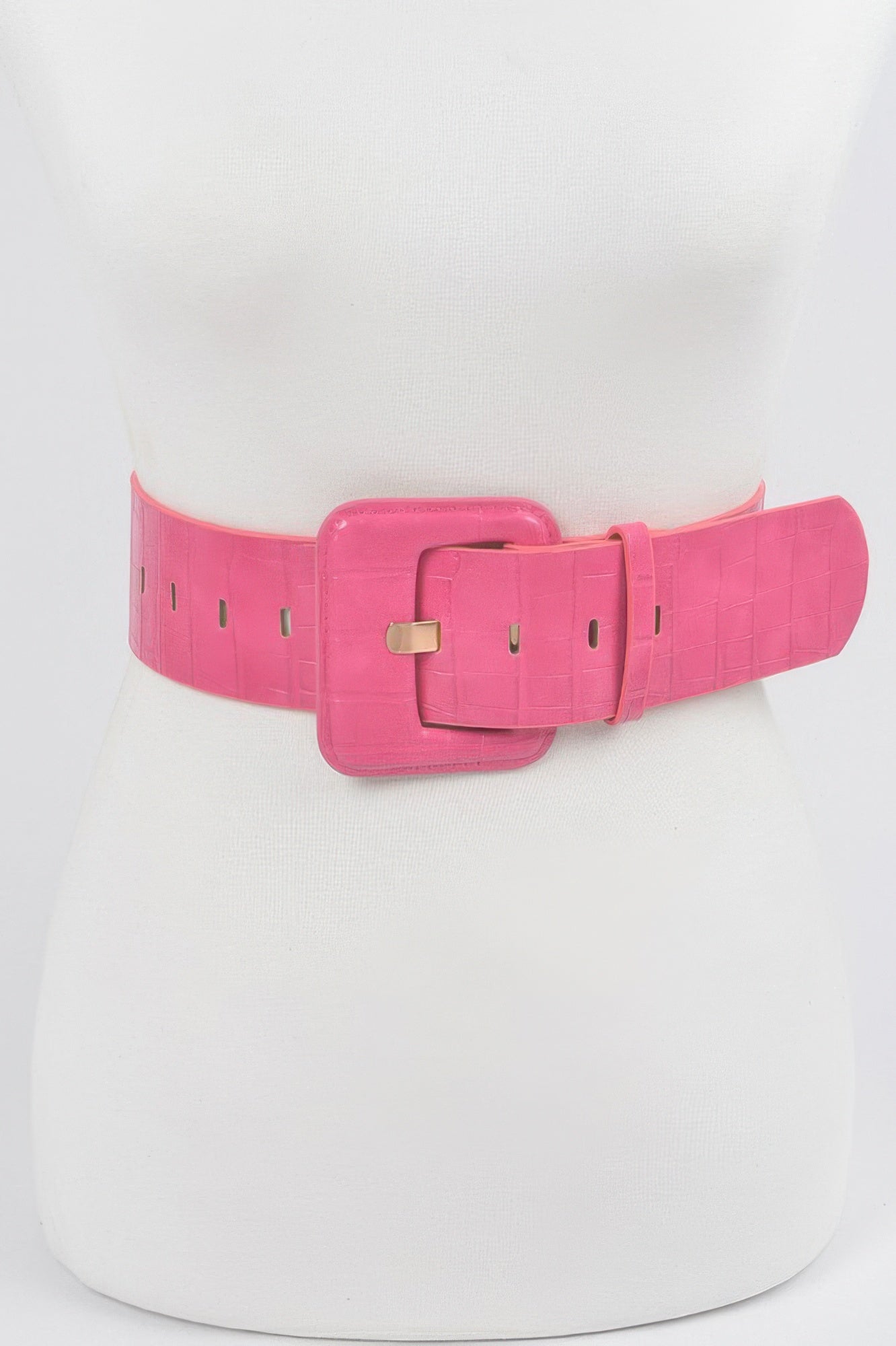 Faux croc waist belt in fuchsia pink with square buckle and punched holes