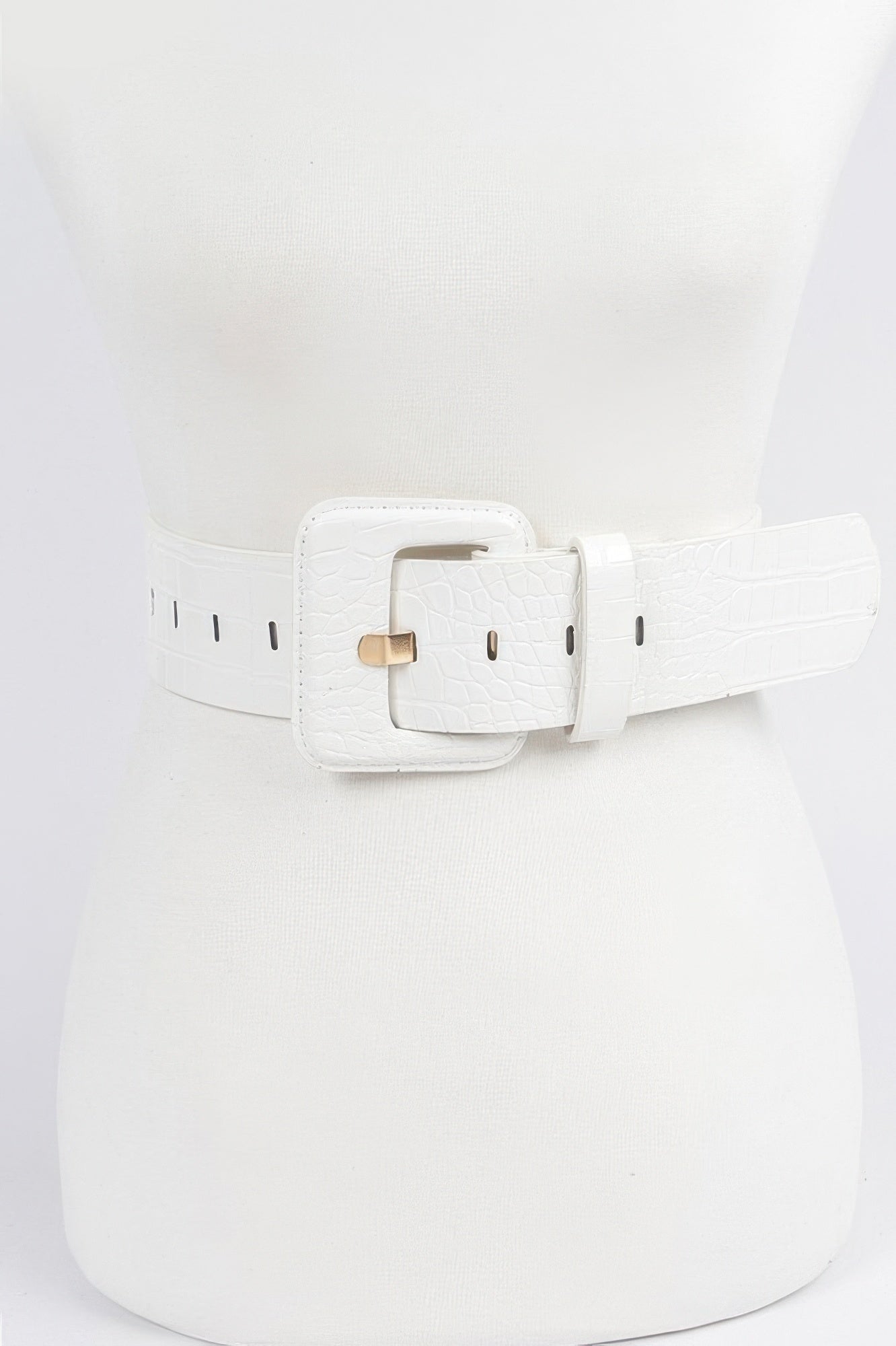 Faux croc waist belt in white with square buckle and belt adjustment holes