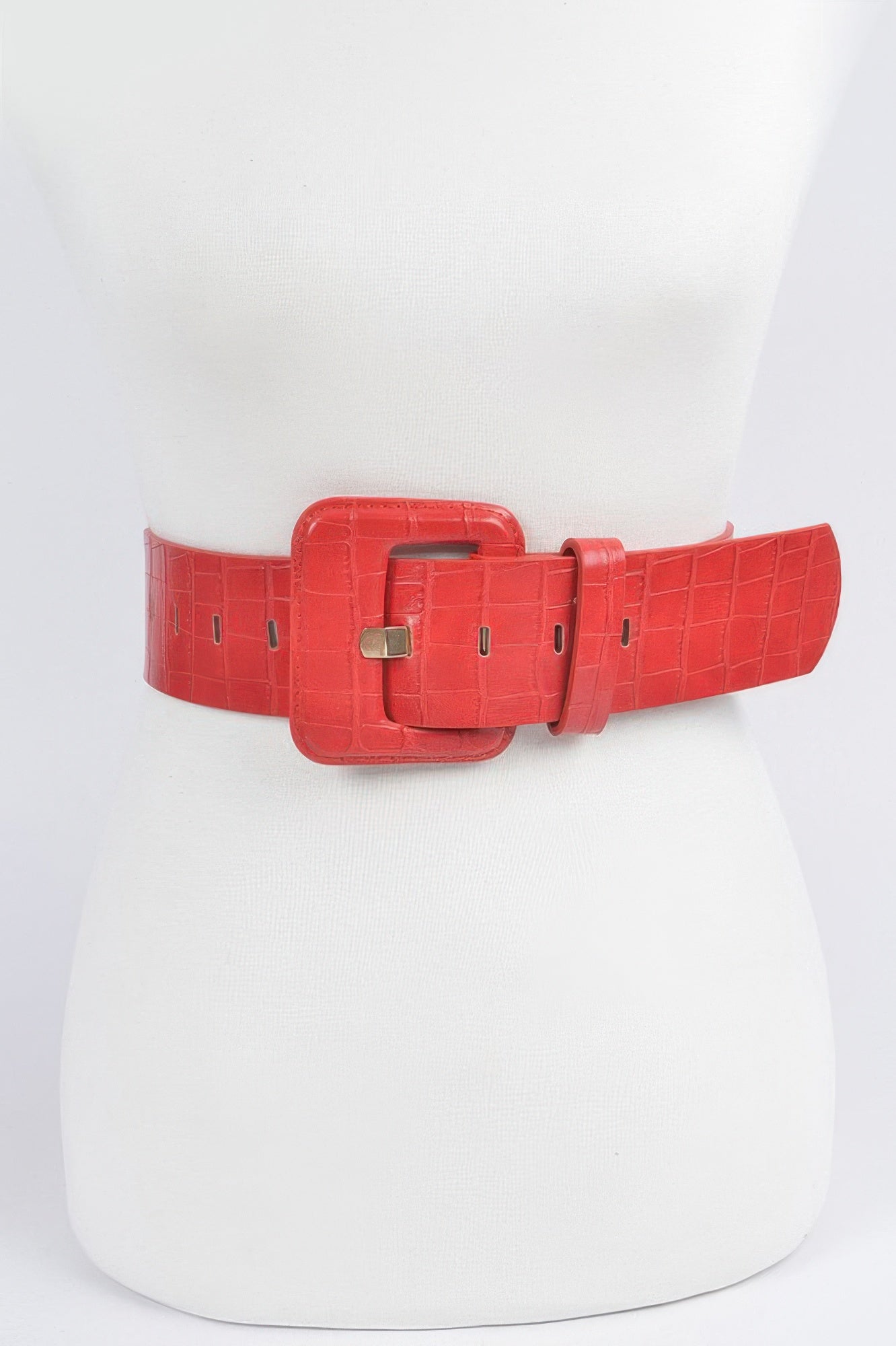 Faux croc waist belt in red-orange with square buckle and strap keeper