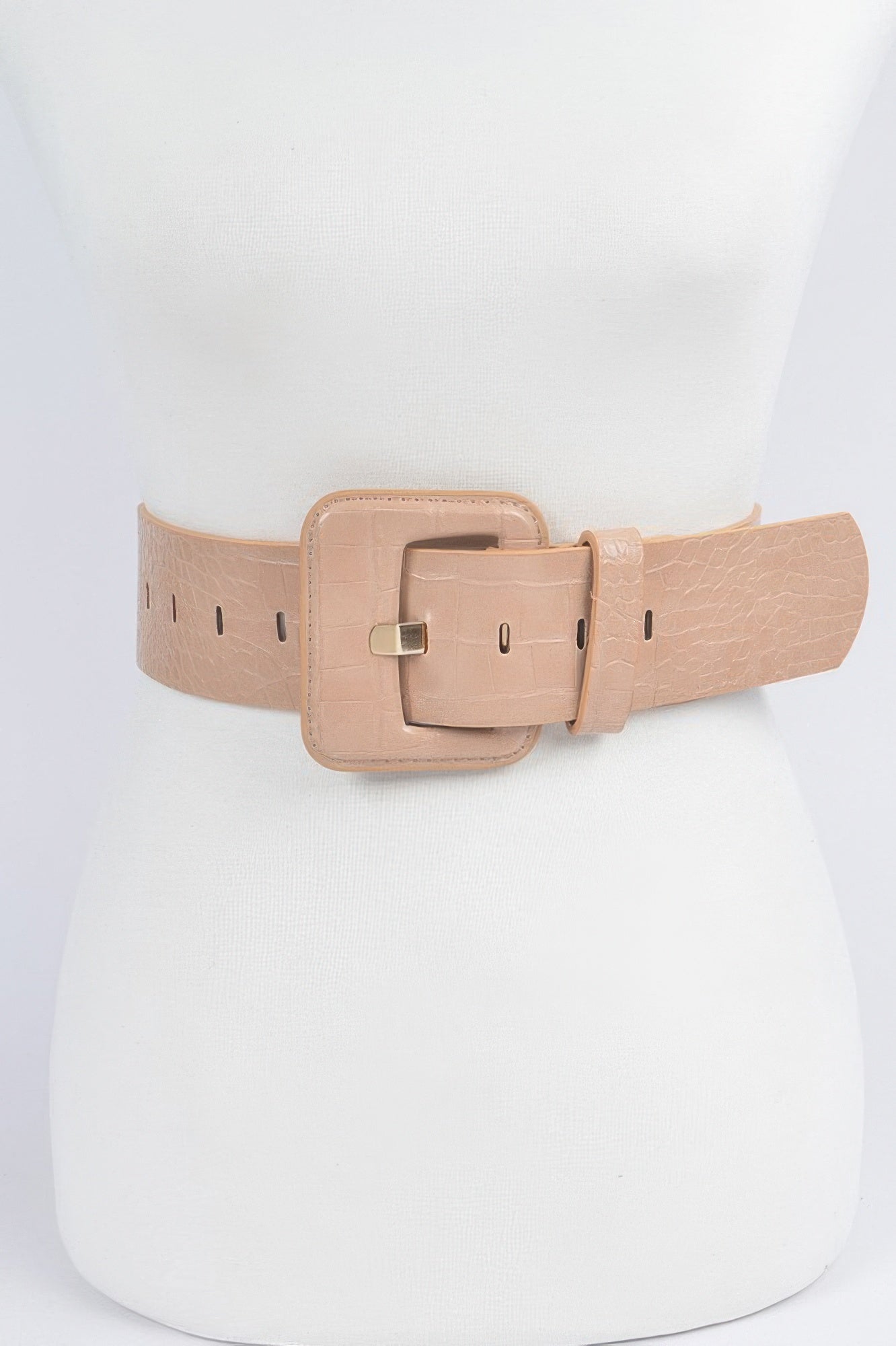 Faux croc waist belt in nude beige with square buckle and adjustment holes