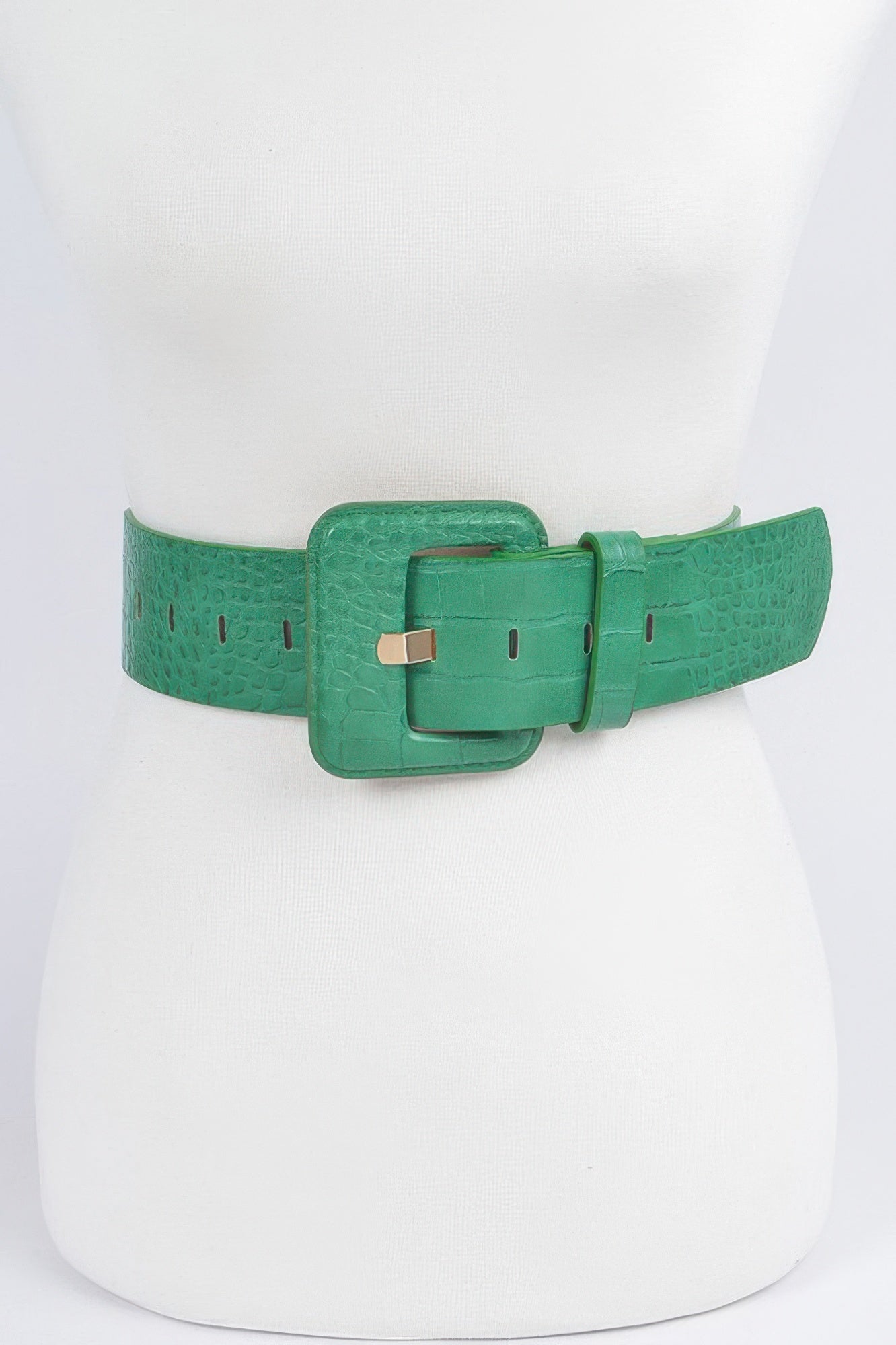 Faux croc waist belt in green with square buckle and multiple size holes