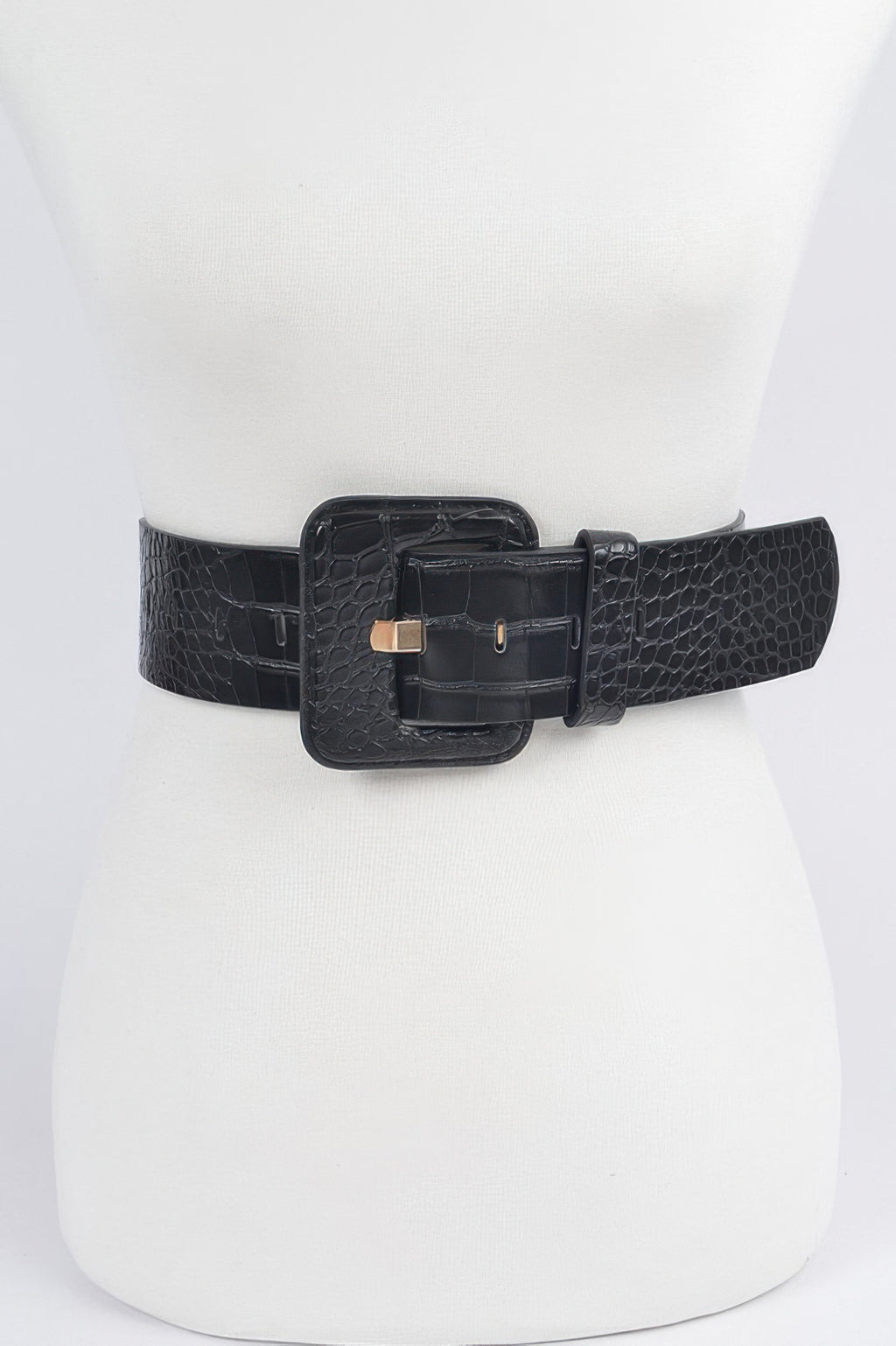 Faux croc waist belt in black with large square buckle and adjustment holes