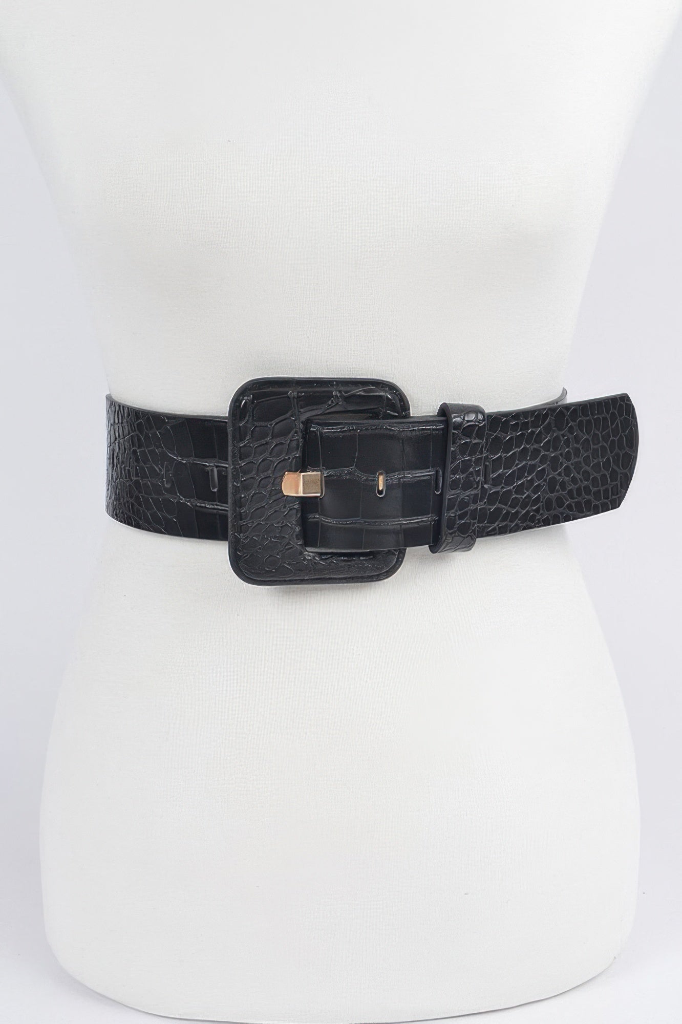 Faux croc waist belt in black with large square buckle and adjustment holes