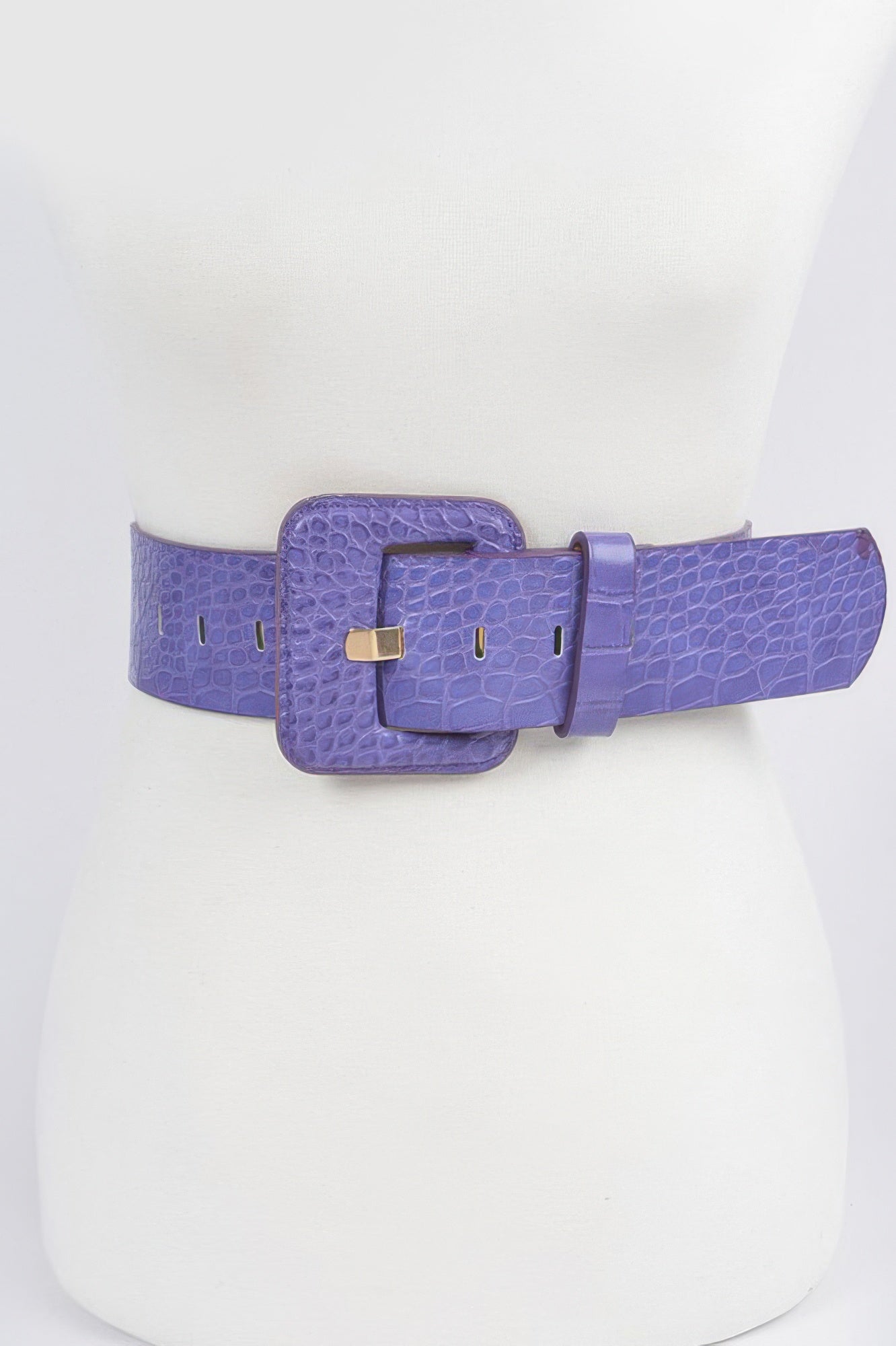 Faux croc waist belt in dark purple with square buckle and punched holes