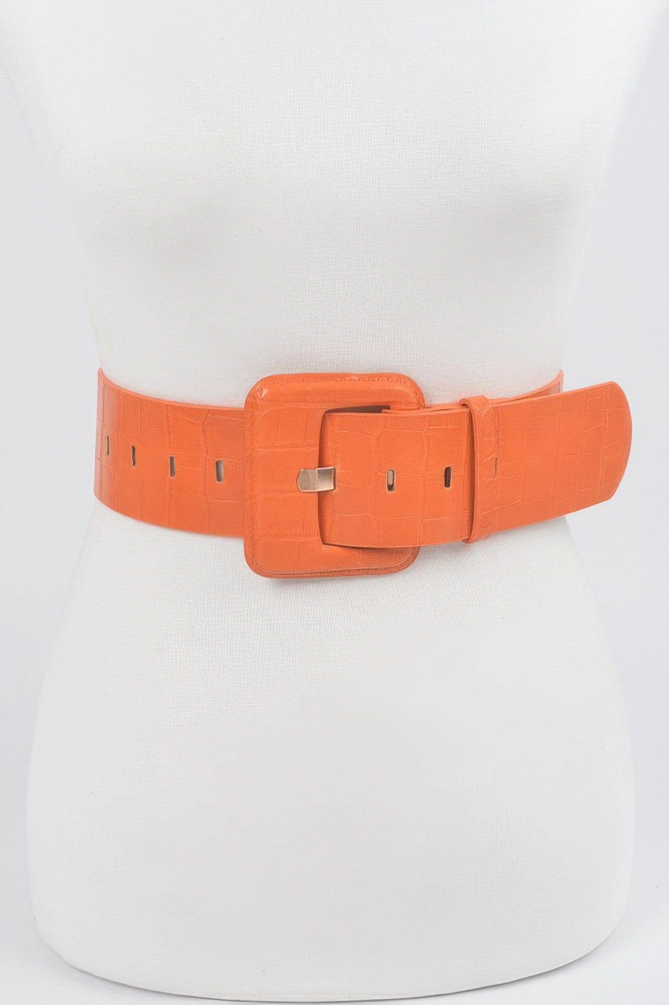 Faux croc waist belt in orange with square buckle and belt adjustment holes