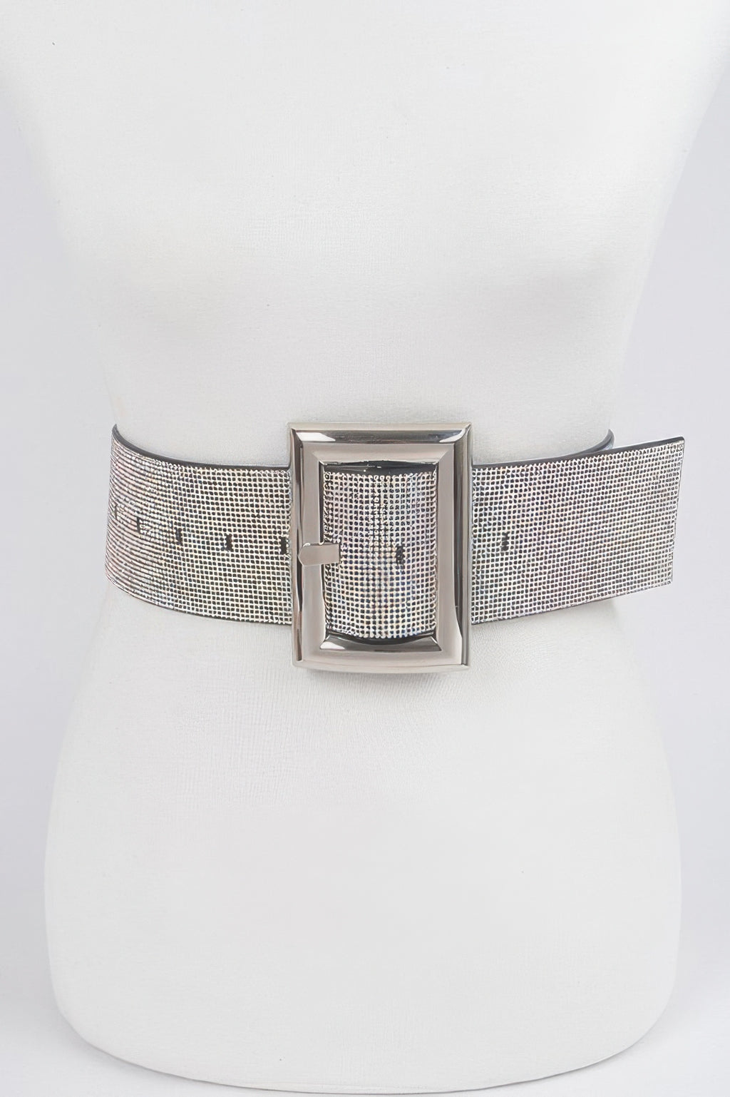 Square rhinestone belt with silver mesh strap and square buckle