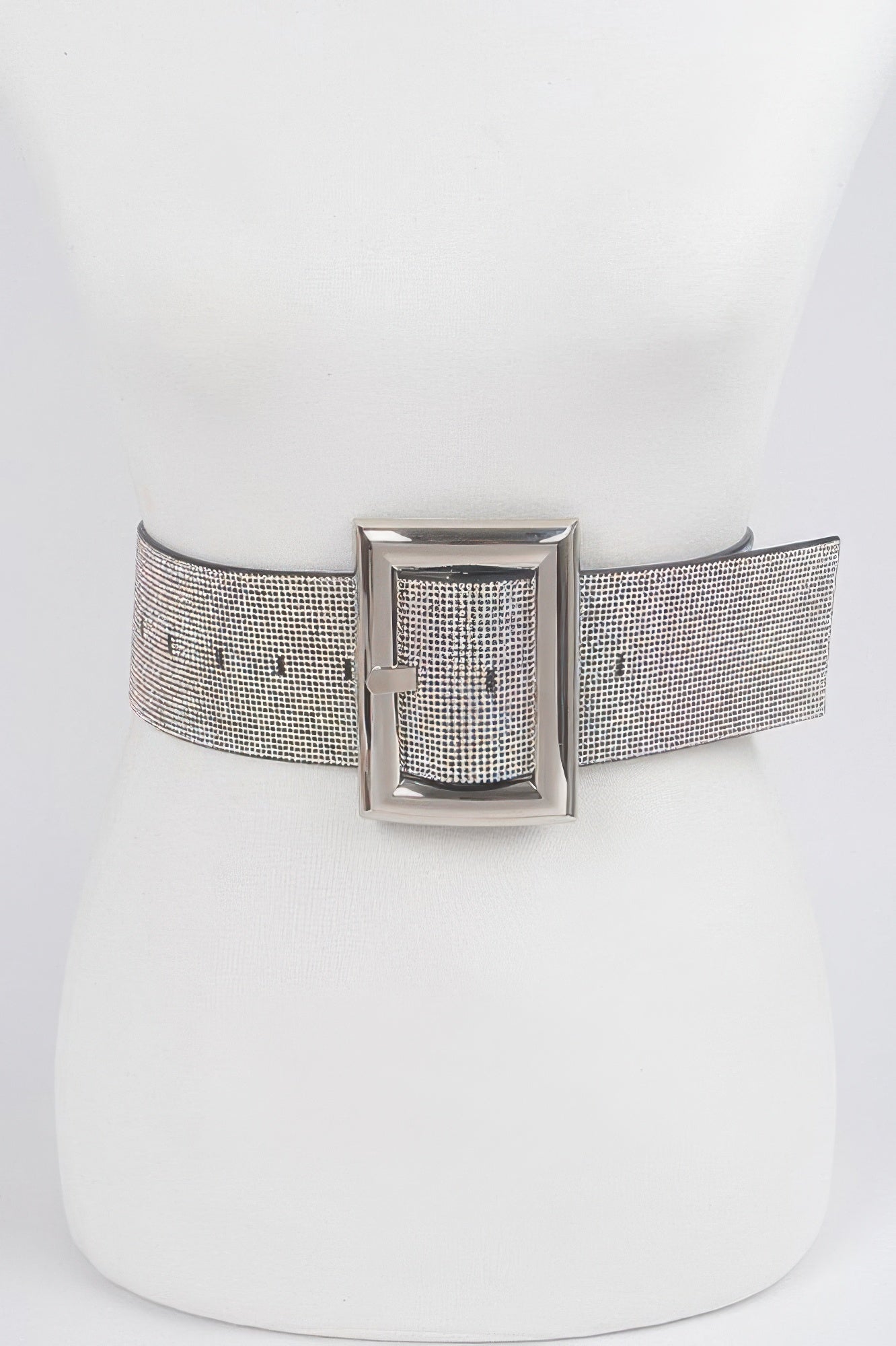 Square rhinestone belt with silver mesh strap and square buckle