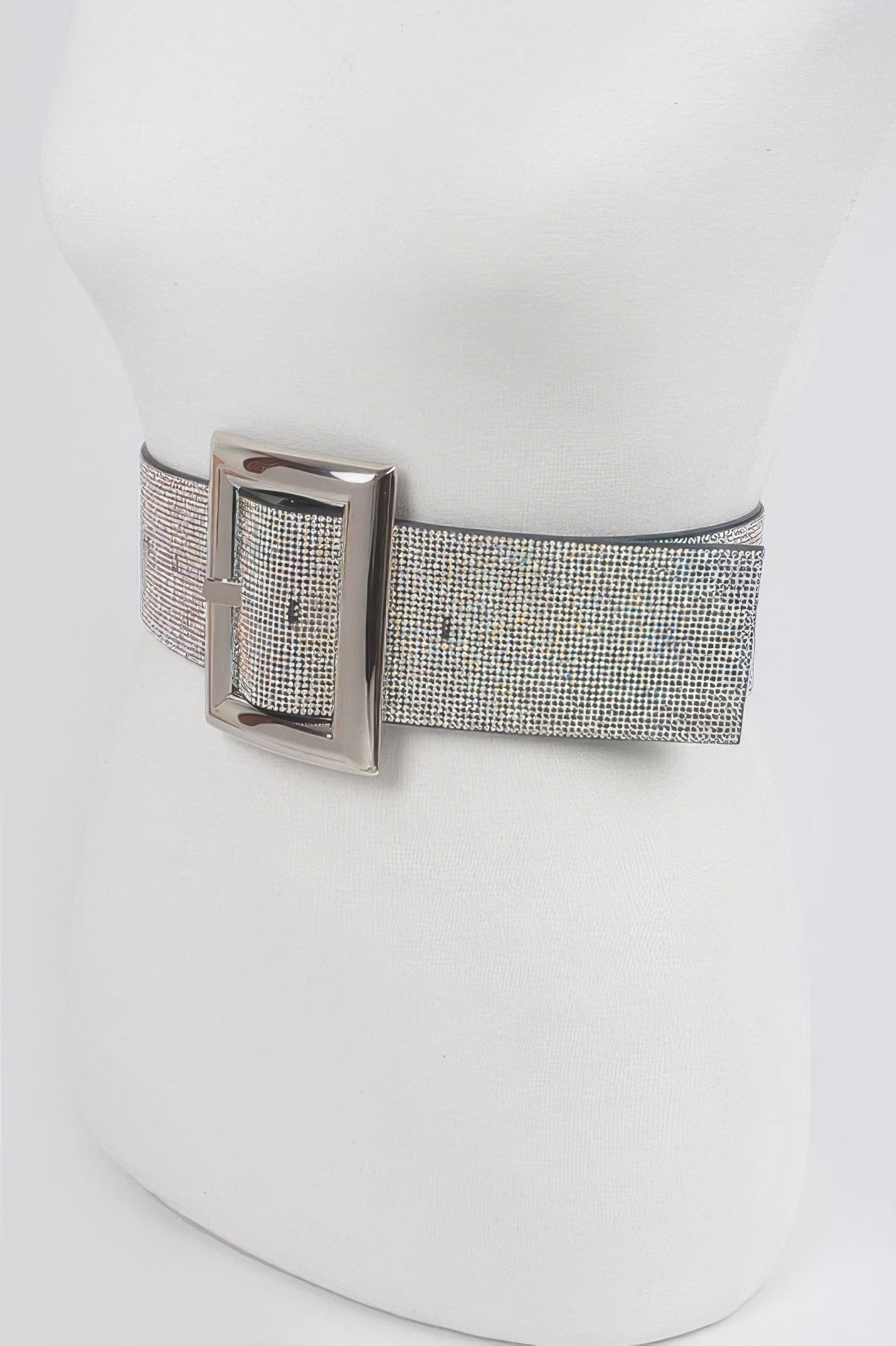 Rhinestone belt with silver mesh strap and square buckle, side view