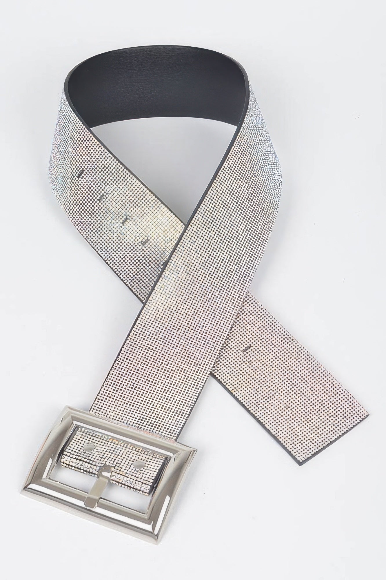 Rhinestone belt with wide silver mesh and square buckle on dark-lined backing