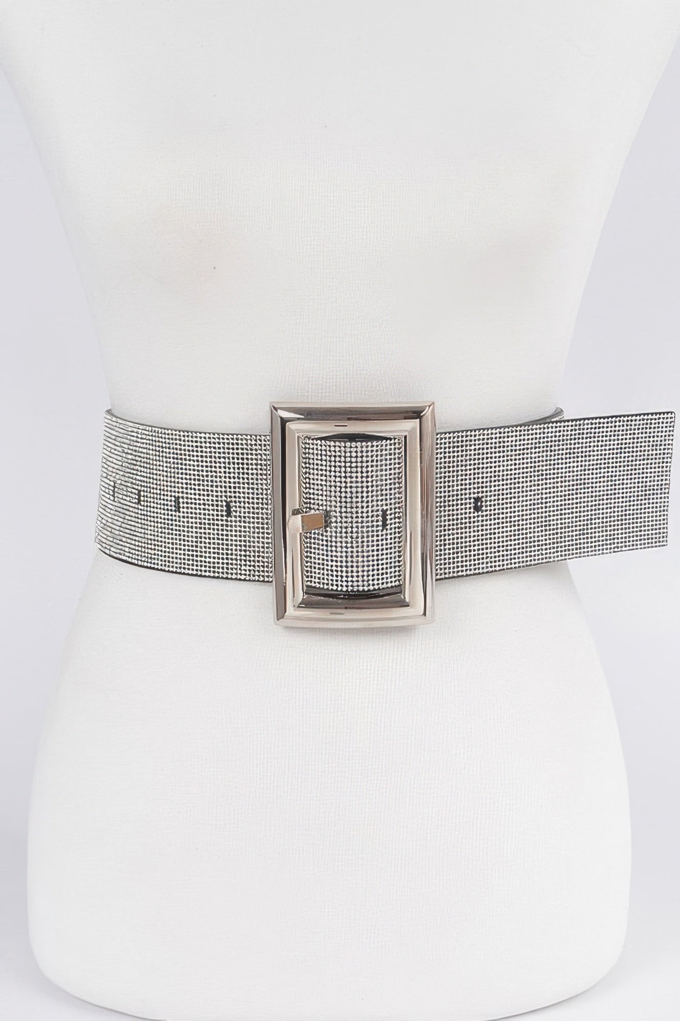 Silver mesh square rhinestone belt with centered square buckle, wide band