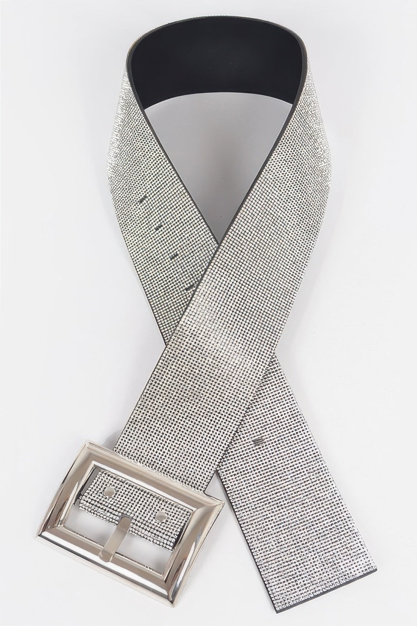 Wide rhinestone belt with square buckle on silver mesh, dark backing
