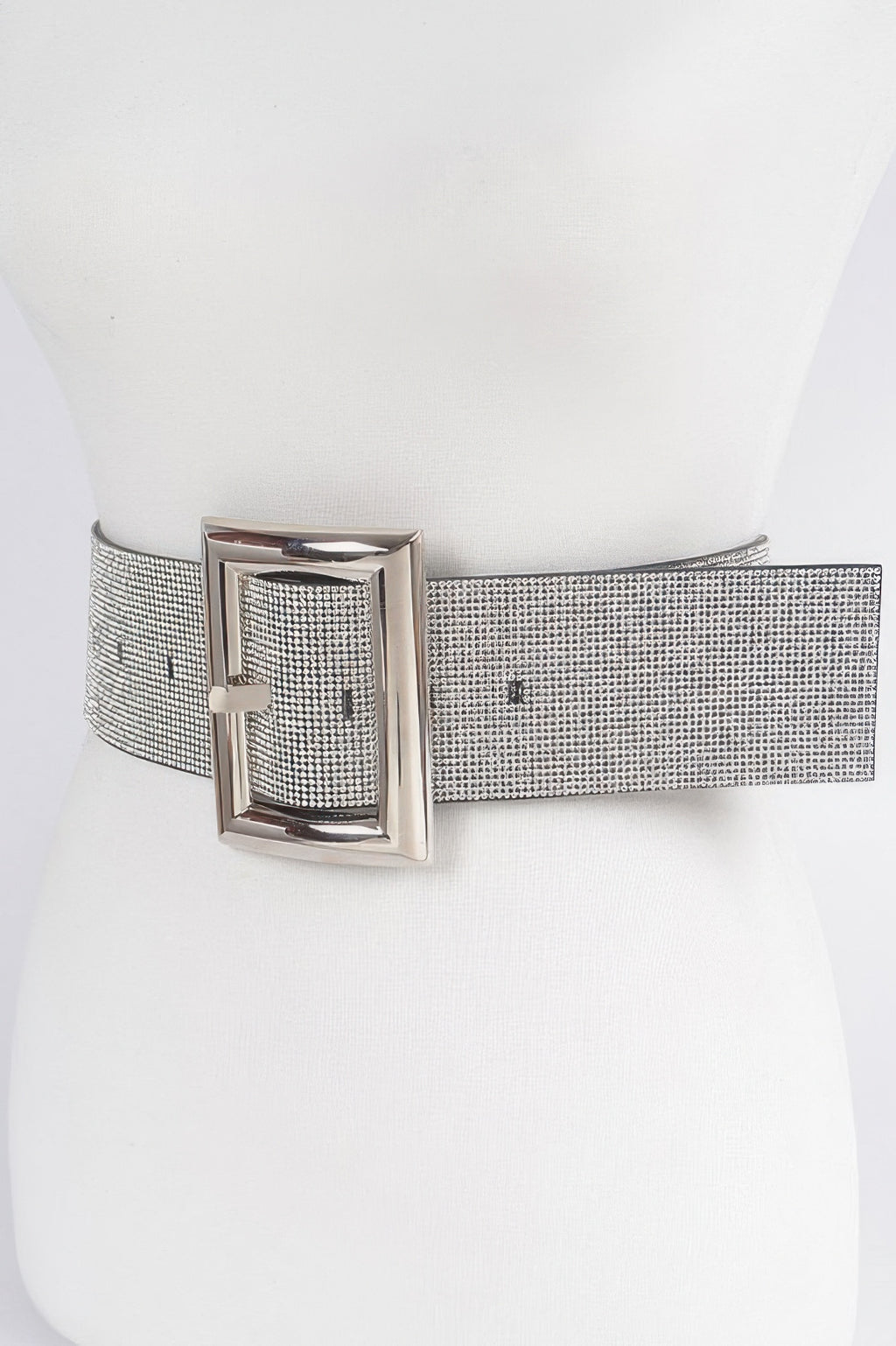 Silver rhinestone belt with square buckle and mesh strap, angled close-up