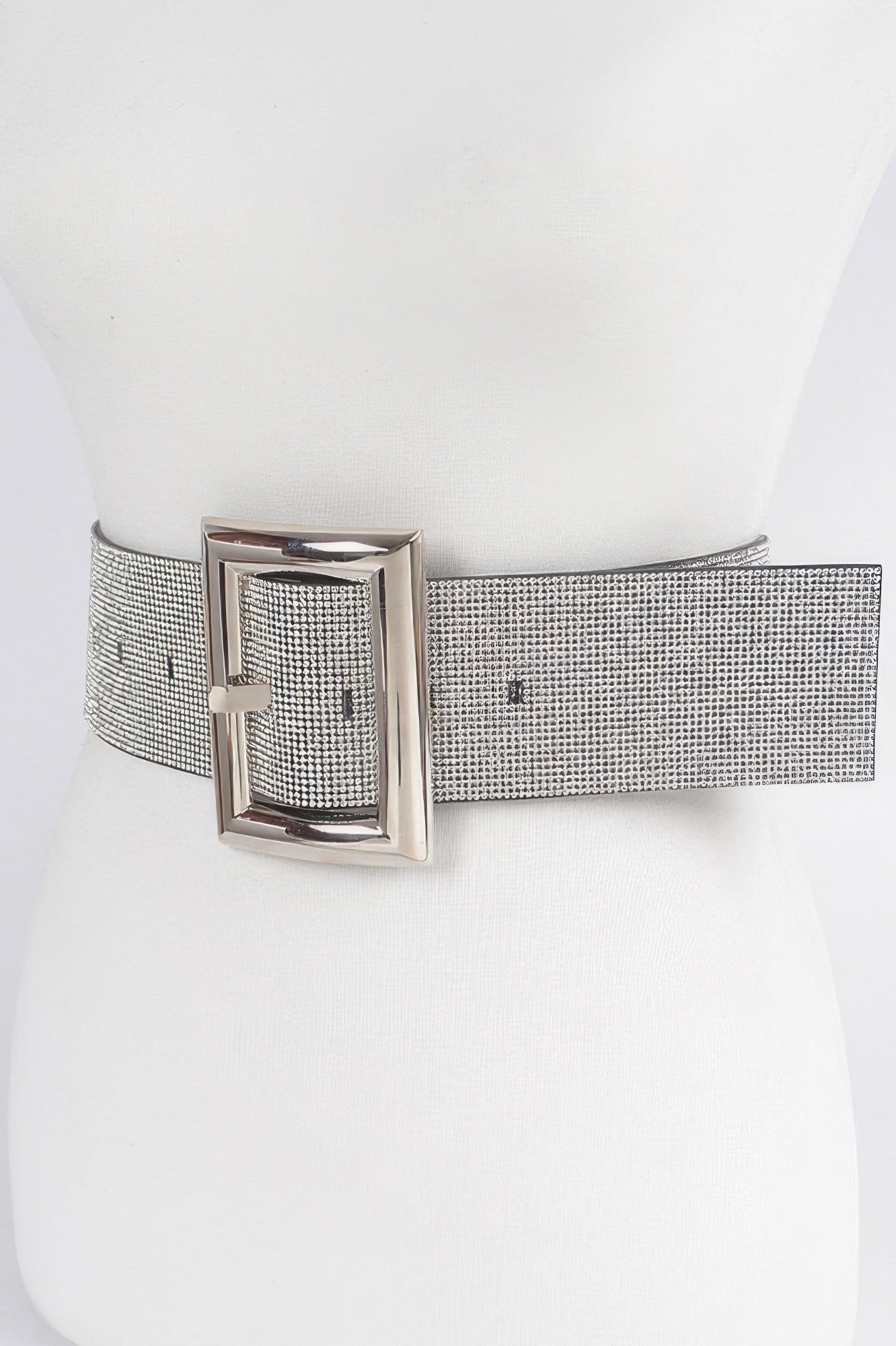 Silver rhinestone belt with square buckle and mesh strap, angled close-up