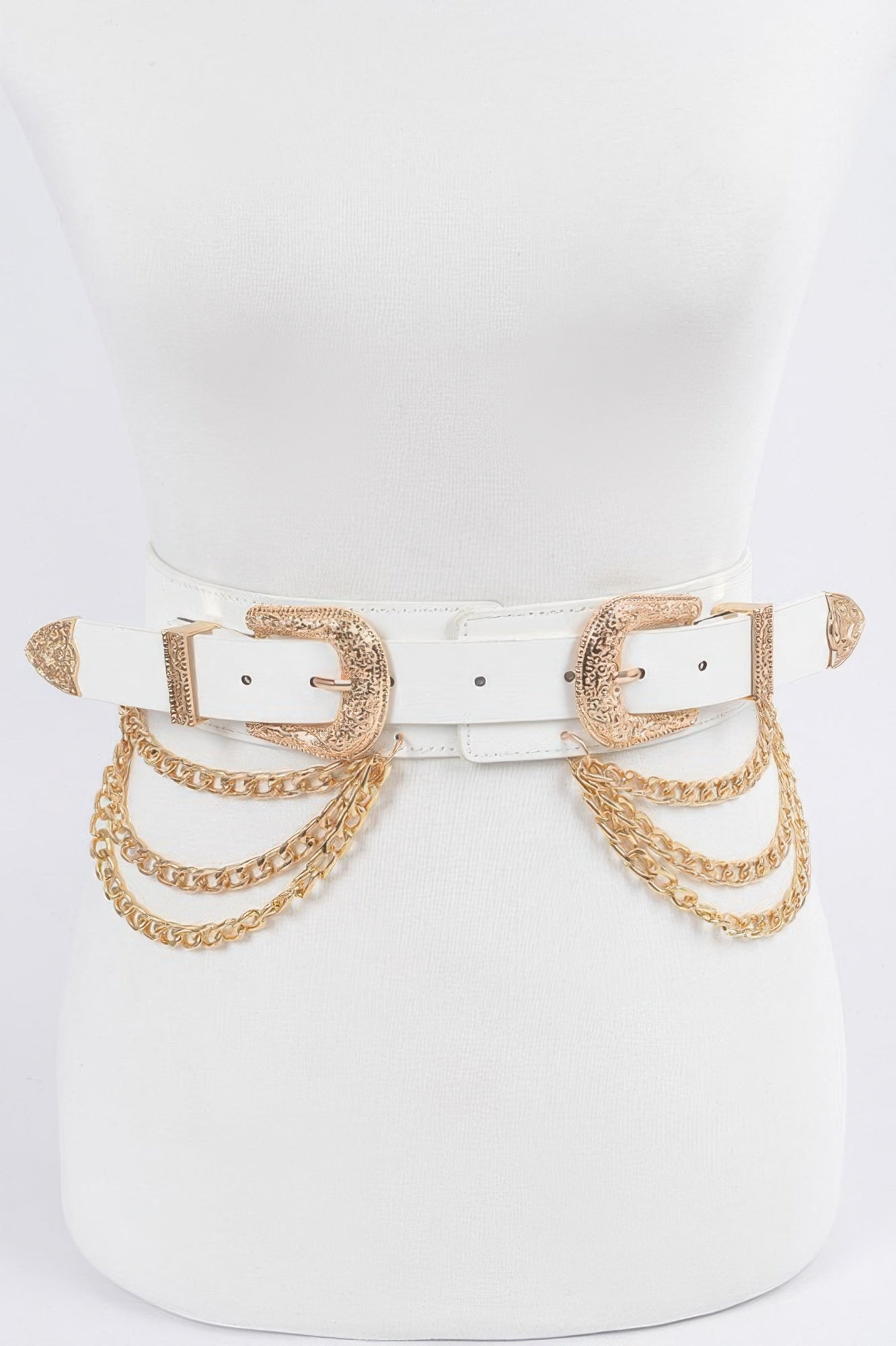 Double buckle belt with chains, white strap and gold-tone hardware with layered chain drops.