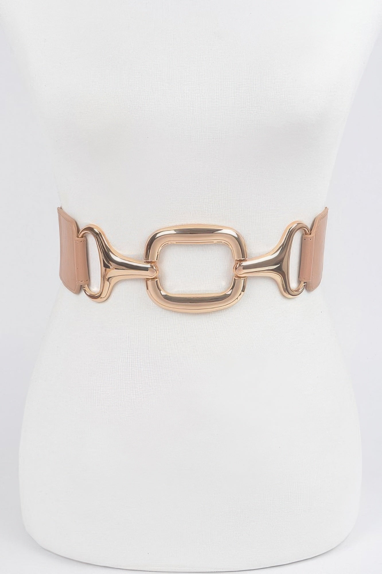 Multi metal buckle stretch plus size belt in nude/rose-gold tone with square center buckle